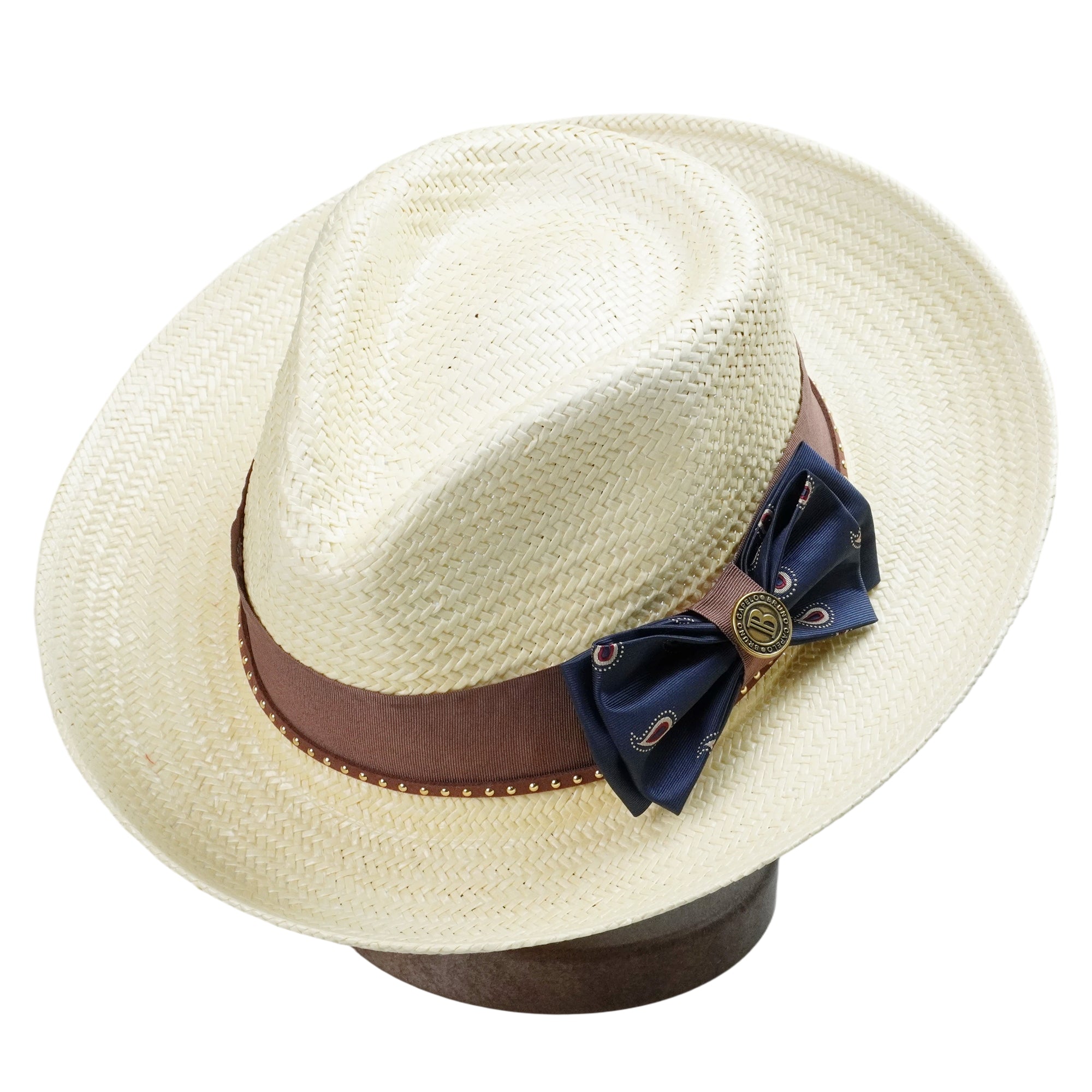 Off-White Straw Hat with Blue Bow & Brown Band