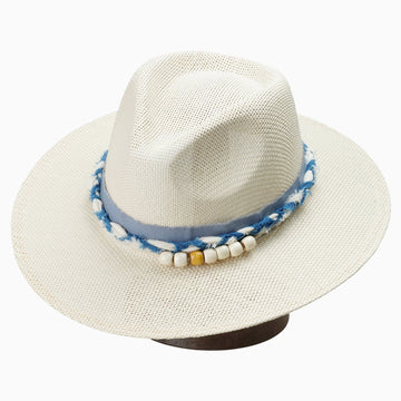 Two-Tone Straw Fedora with Blue Frayed Band & Beaded Detail
