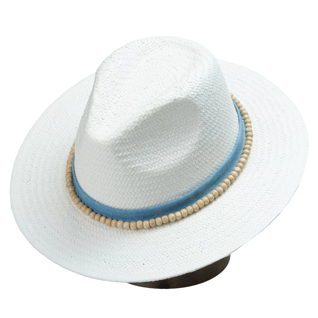White Straw Hat with Light Blue Band & Wooden Beads