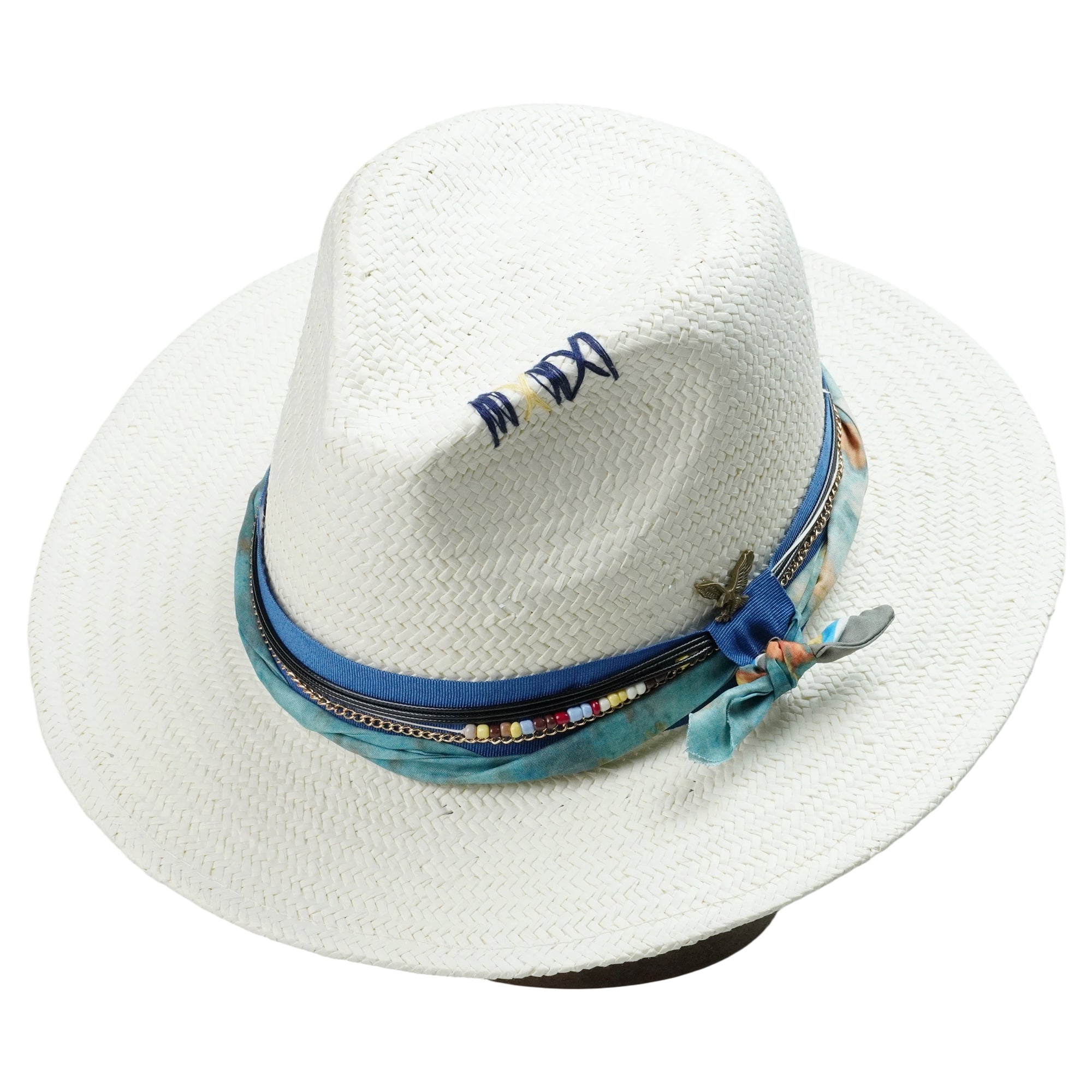 White Breathable Straw Hat with Beaded & Eagle Charm Band