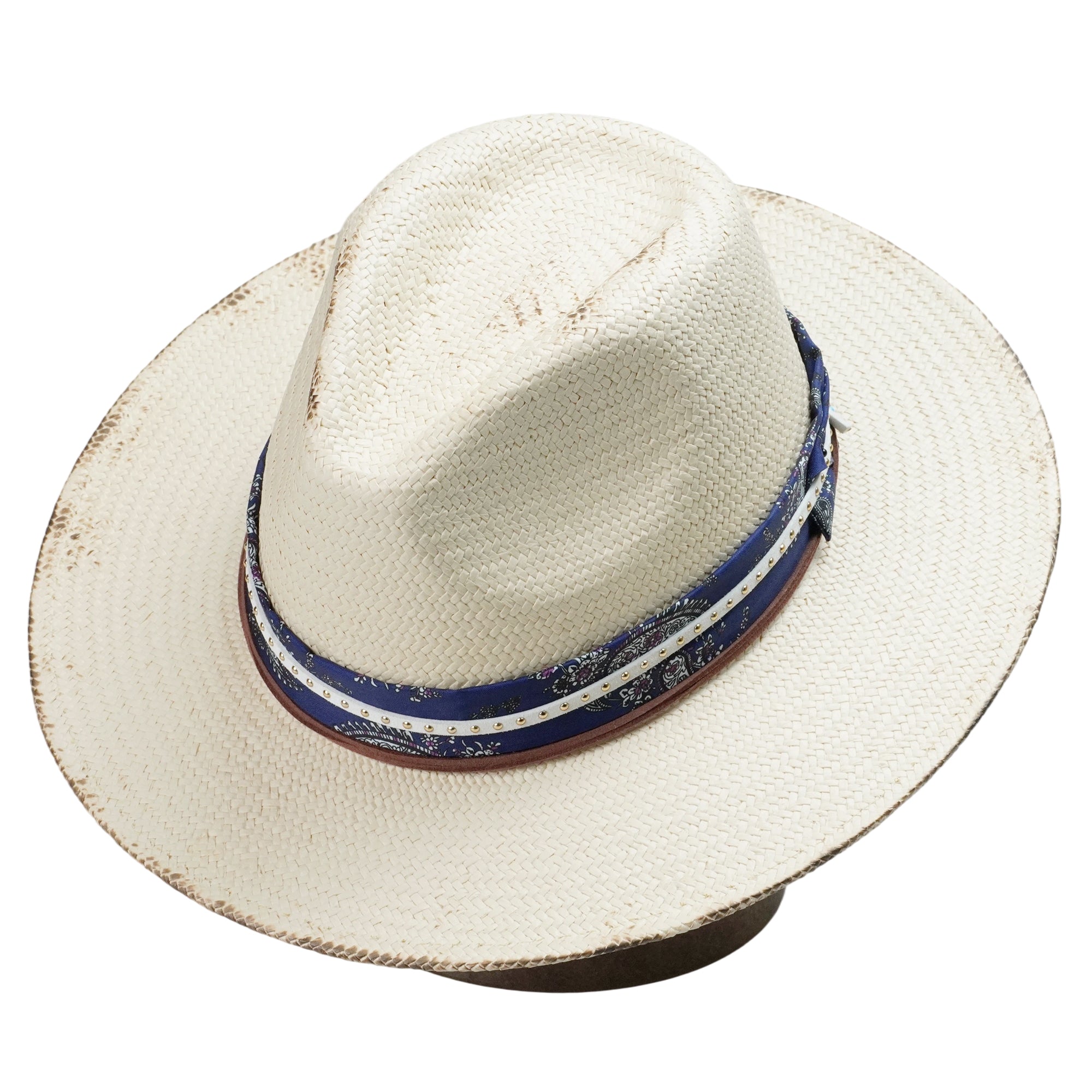 White Straw Hat with Printed Band & Thin Cords