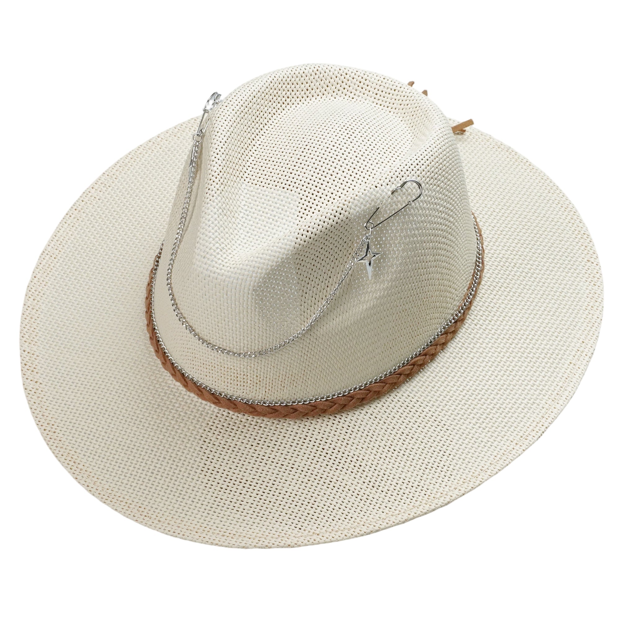 Off-White Straw Hat with Silver Chain & Woven Band