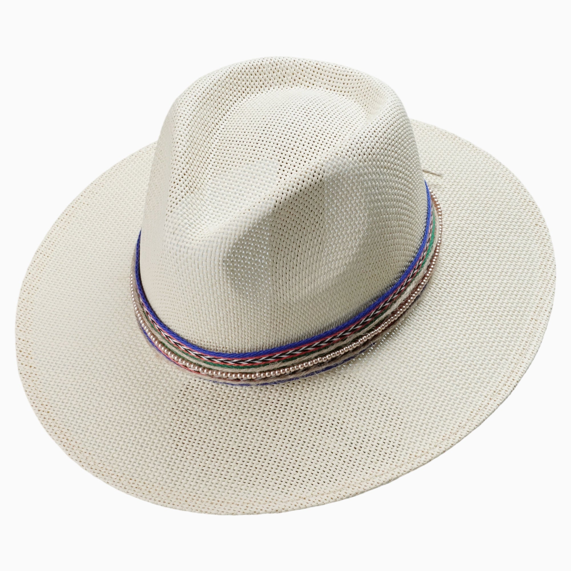 Natural Straw Fedora with Multi-Colored Woven Band & Beaded Trim