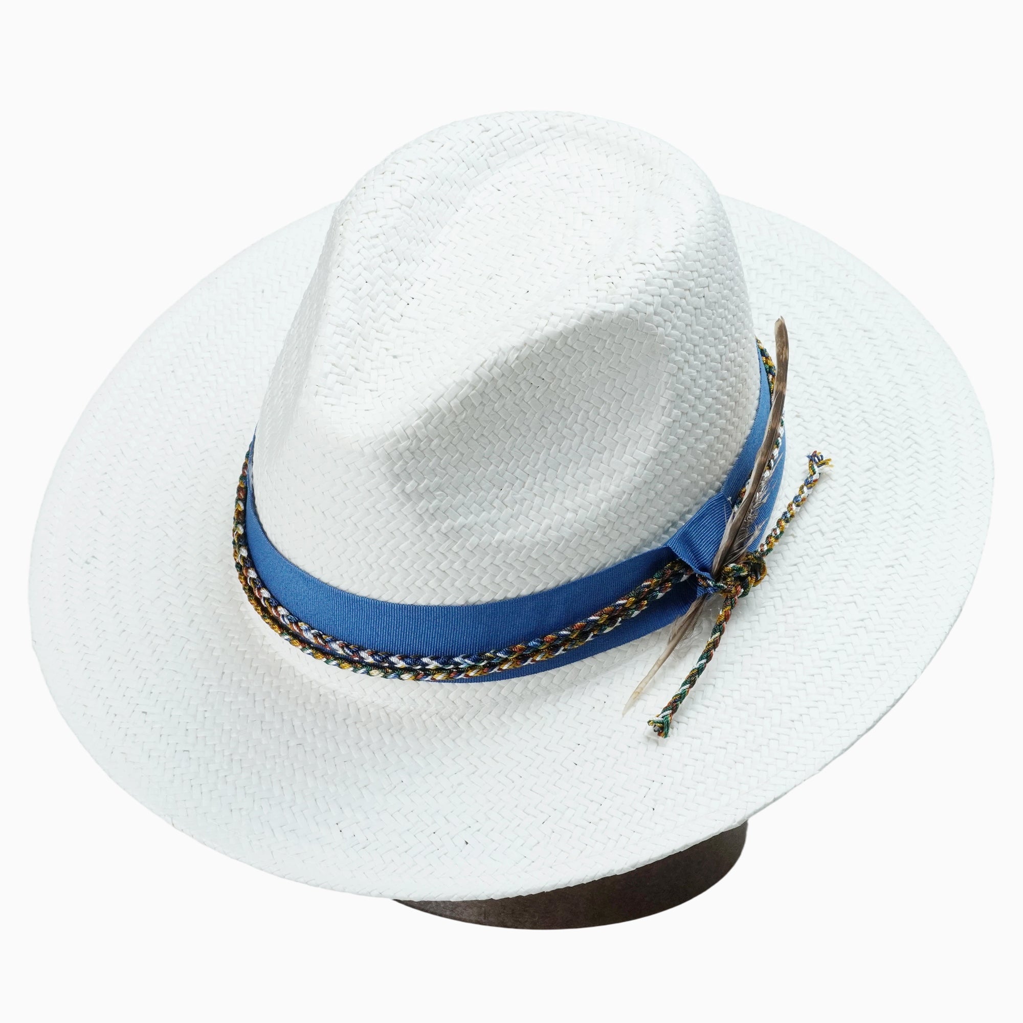 White Breathable Straw Fedora with Blue Ribbon, Braided Cord & Feather Trim