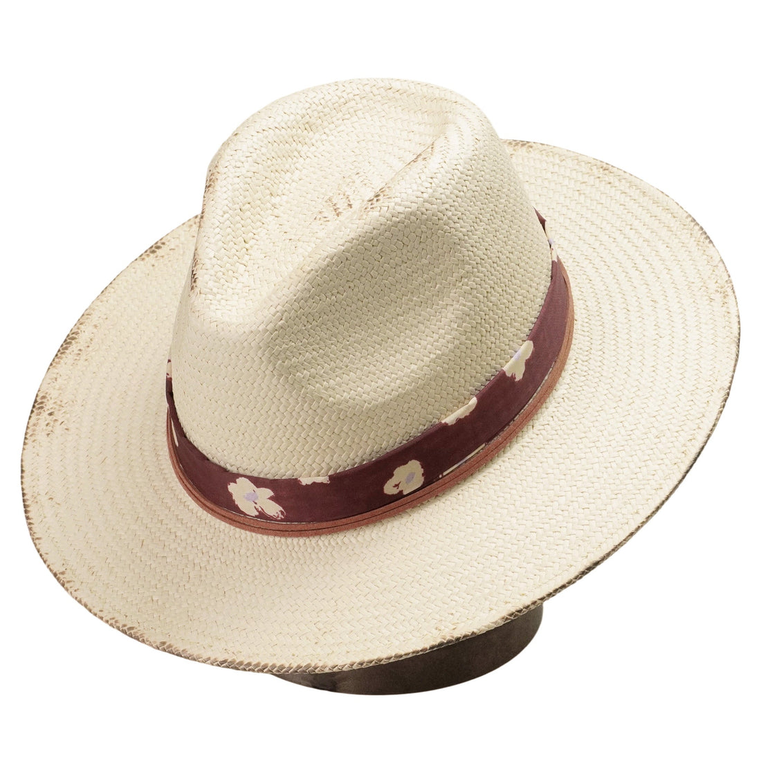 Beige Straw Hat with Floral Band & Burnt Edge Design