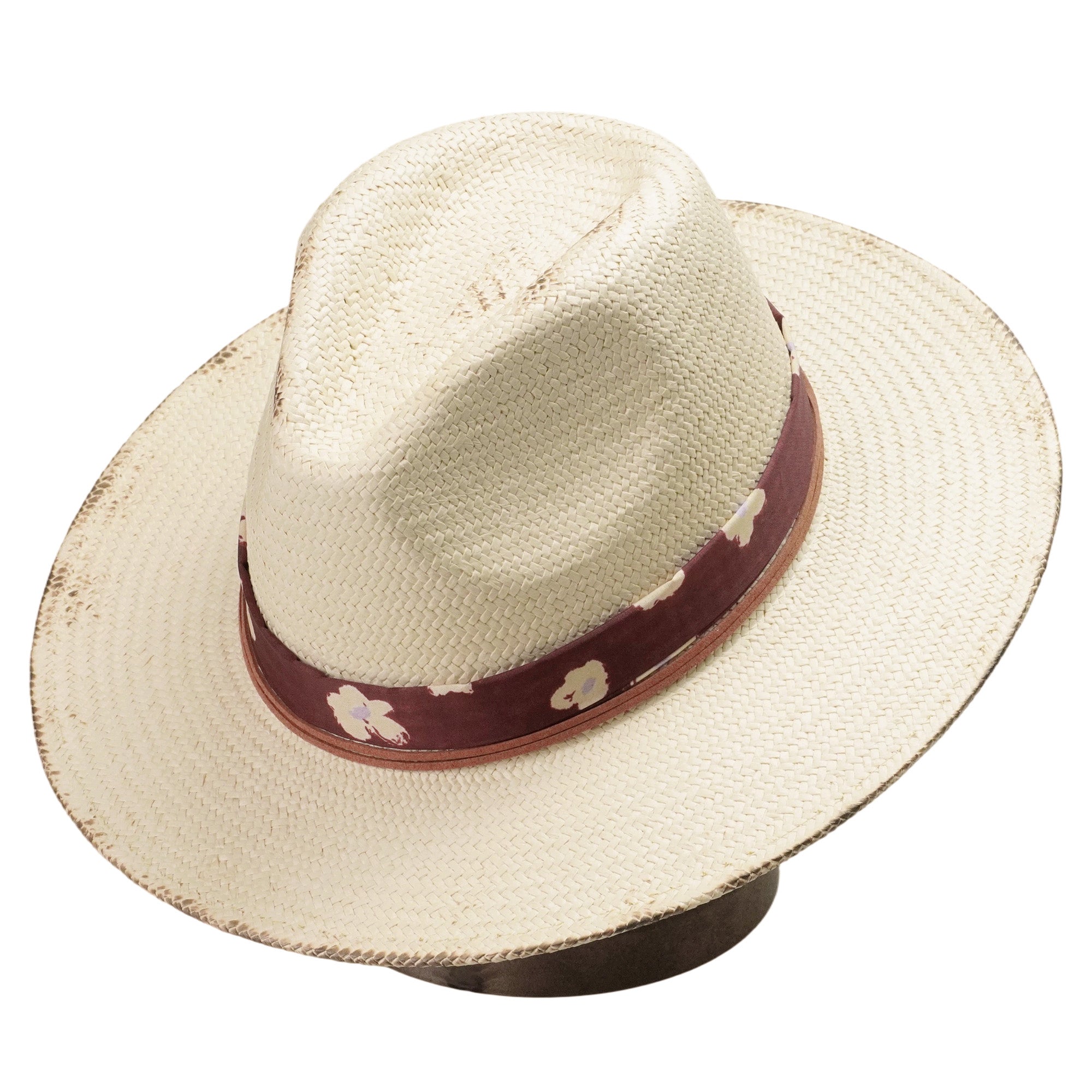 Beige Straw Hat with Floral Band & Burnt Edge Design