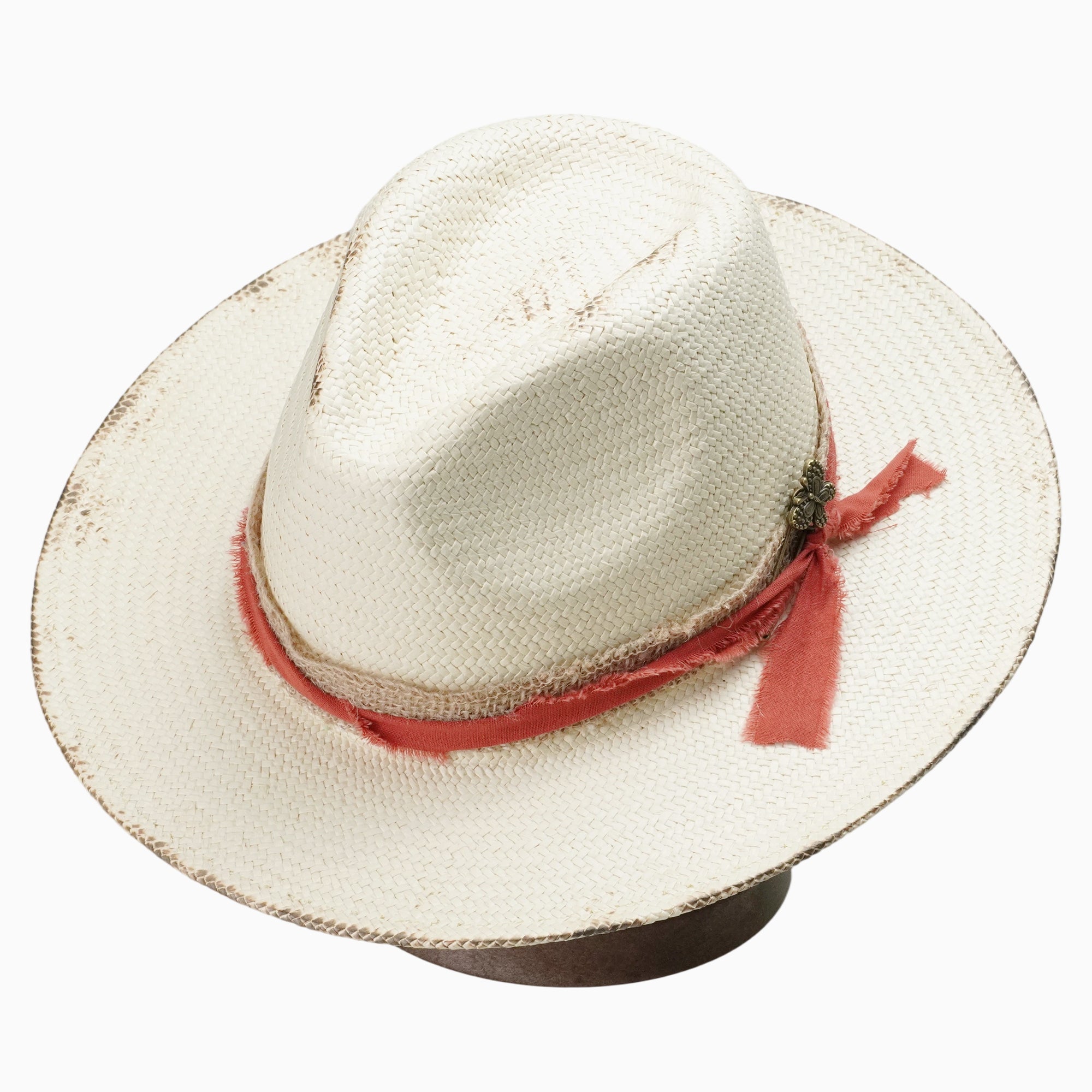 Off-White Breathable Straw Fedora with Distressed Red Band & Butterfly Pin