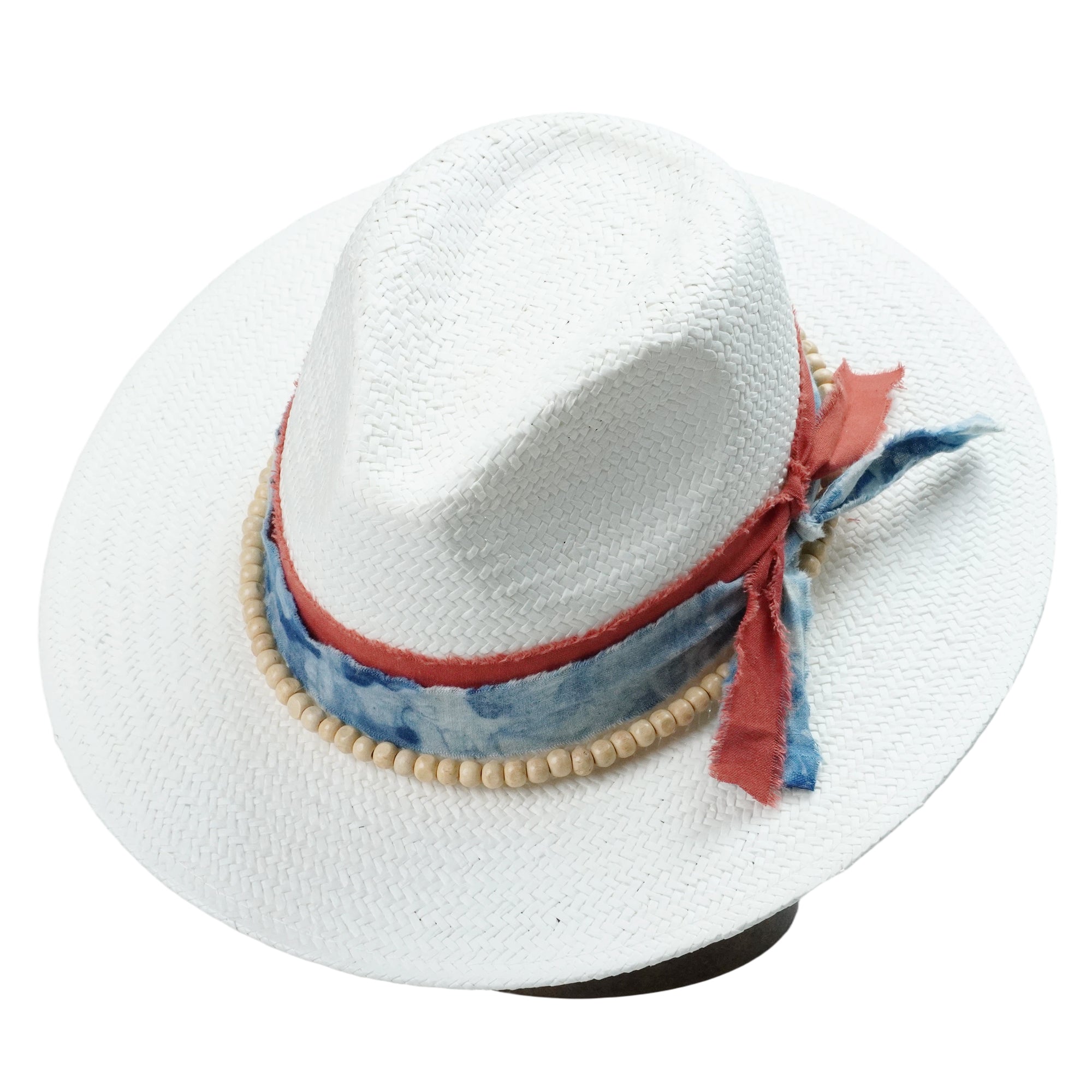 White Breathable Straw Fedora with Tie-Dye Fabric Band & Beaded Trim