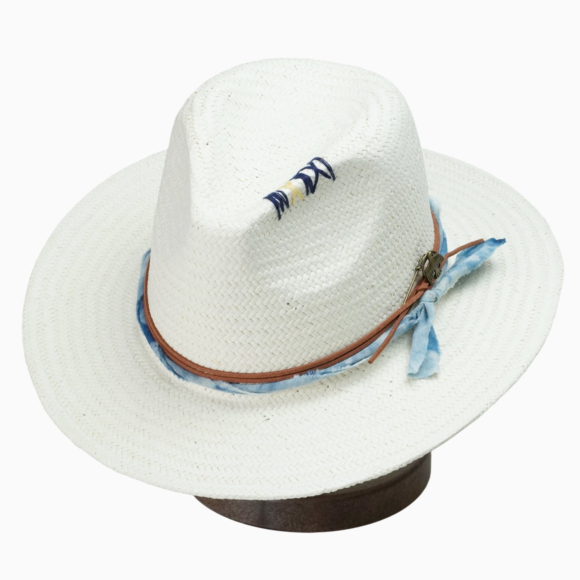 White Breathable Straw Fedora with Tie-Dye Band & Dove Pin