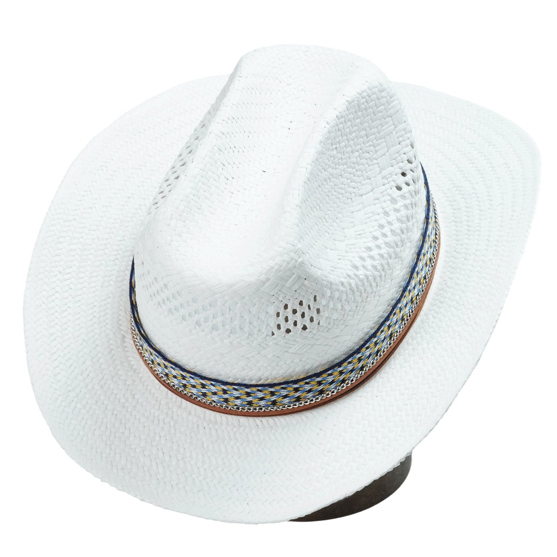 White Straw Hat with Woven Band & Silver Chain