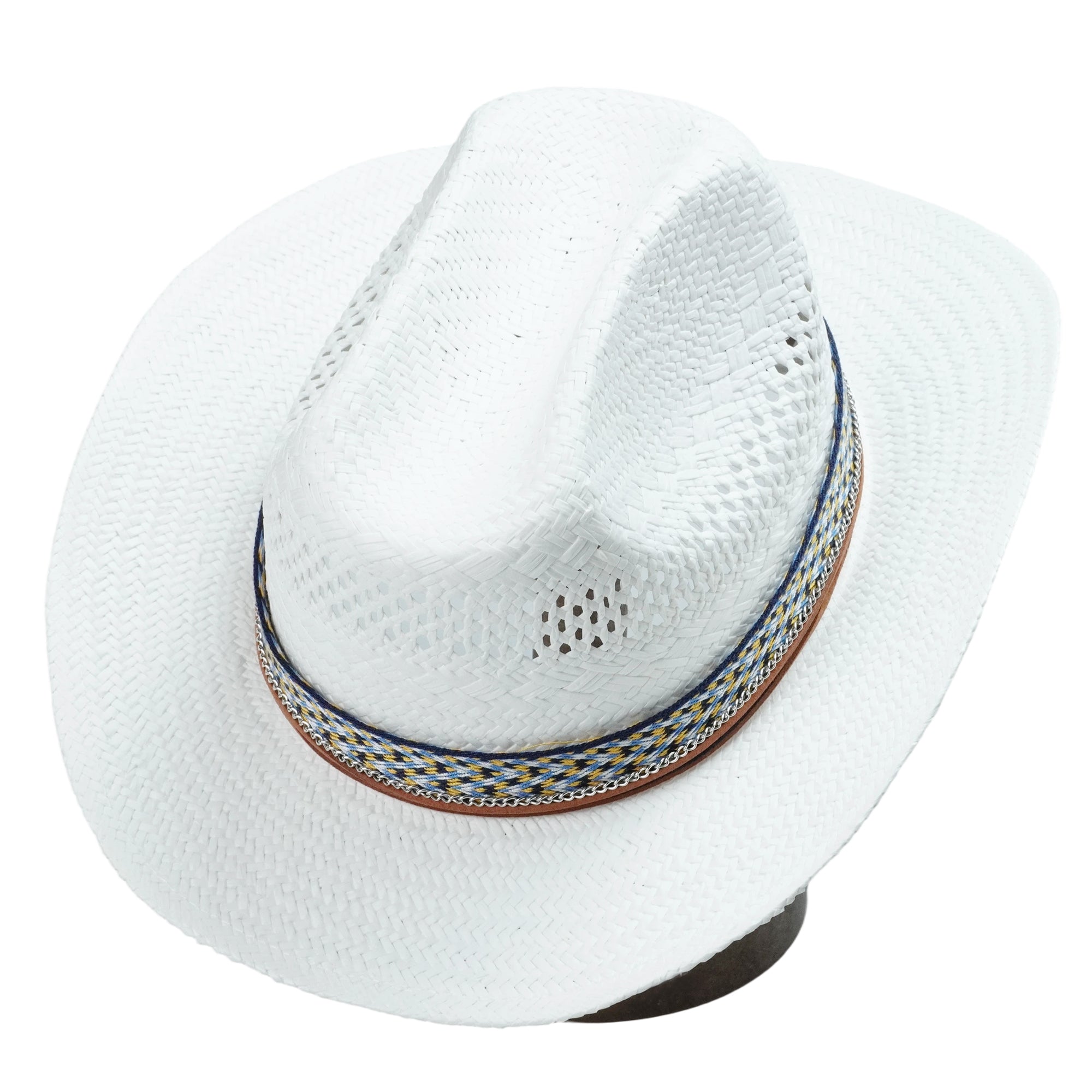 White Straw Hat with Woven Band & Silver Chain