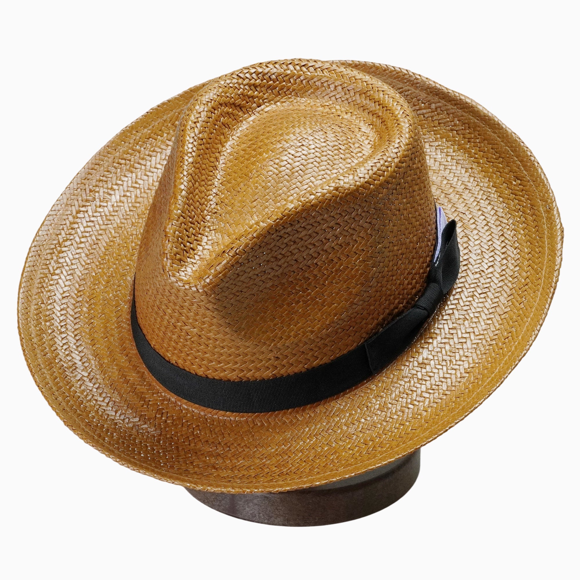 Caramel-Tone Breathable Straw Fedora with Black Ribbon & Accent Tab