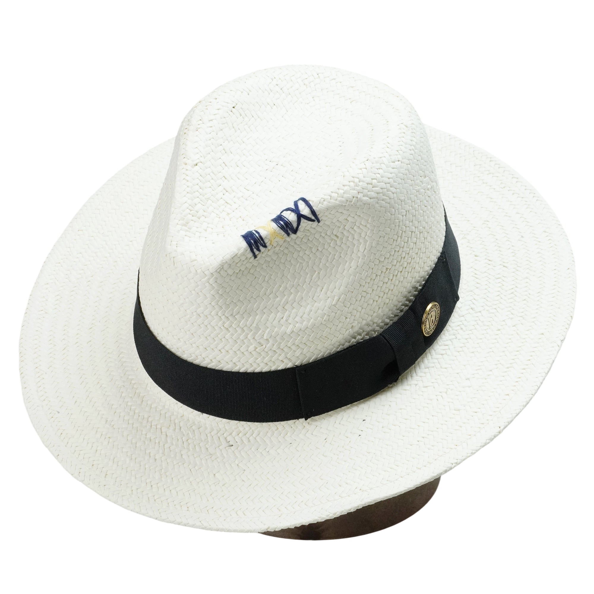 White Straw Hat with Copper Buckle & Stitched Crown
