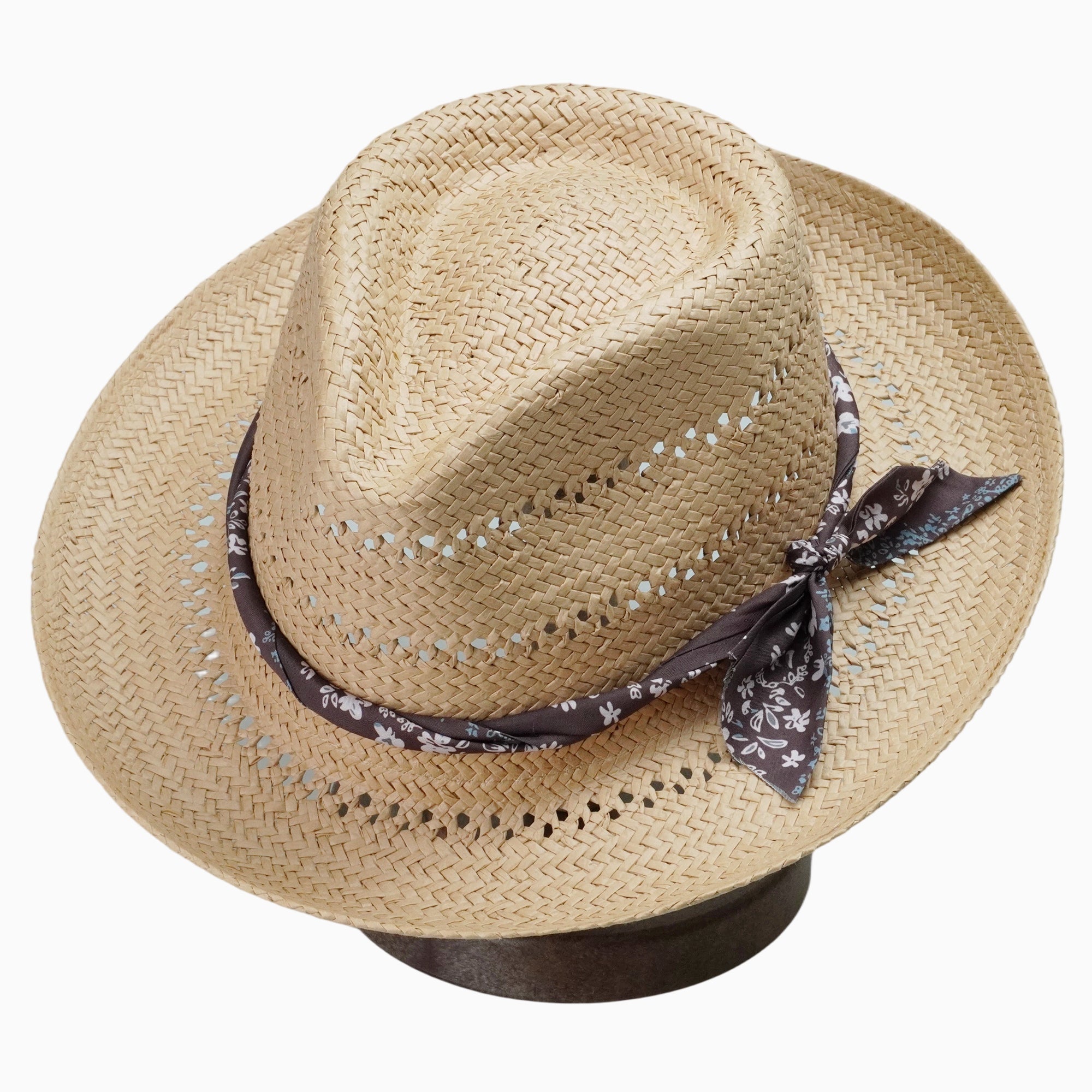 Light Brown Breathable Straw Fedora with Floral Band & Side Tie
