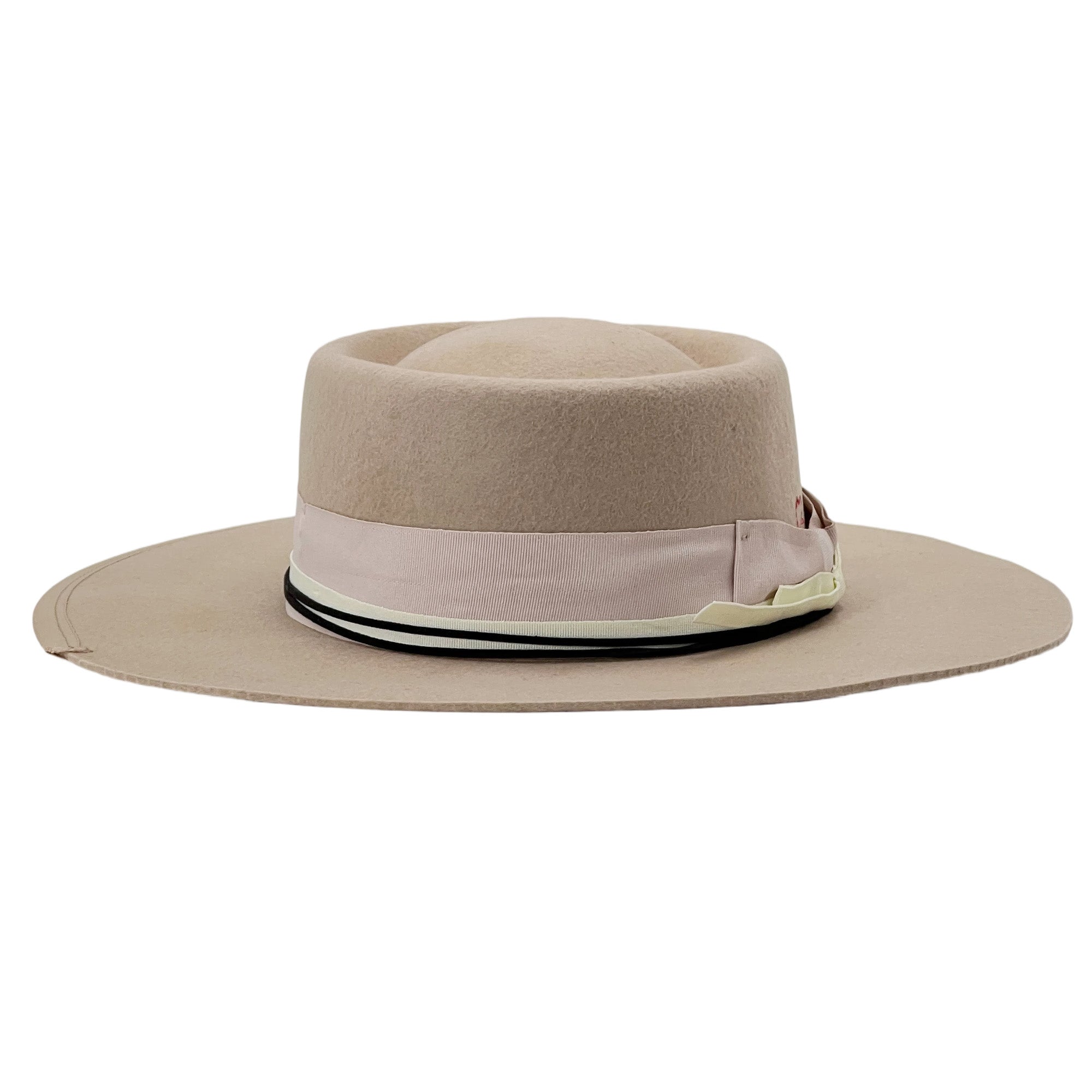 Beige Flat-Brim Hat – Pink Bow & White Band