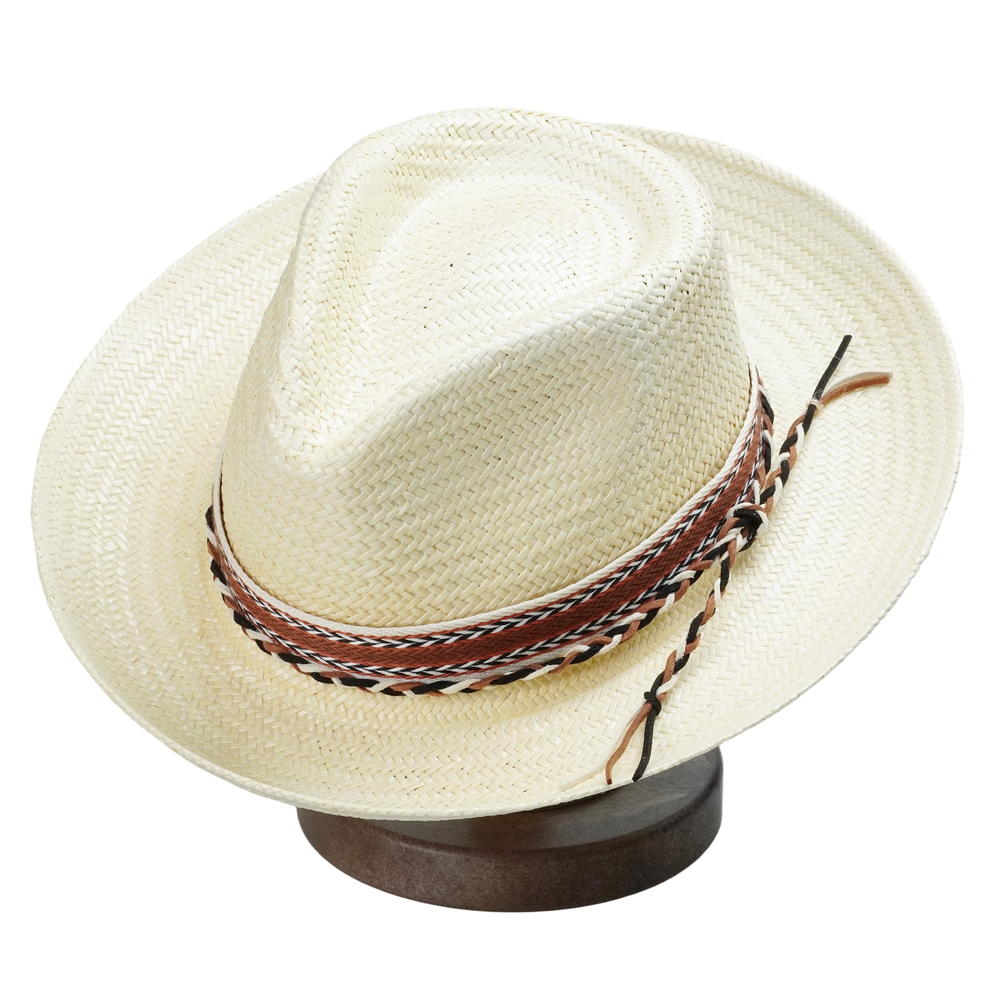 Off-White Straw Hat with Woven Print Band & Three-Color Braid