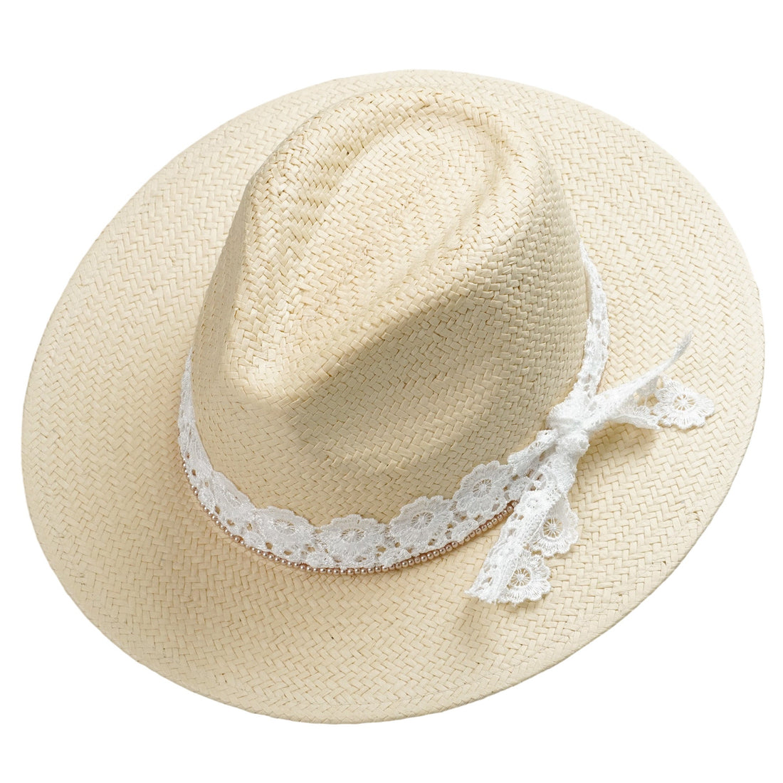 Beige Straw Hat with Custom Lace Band & Refined Beads