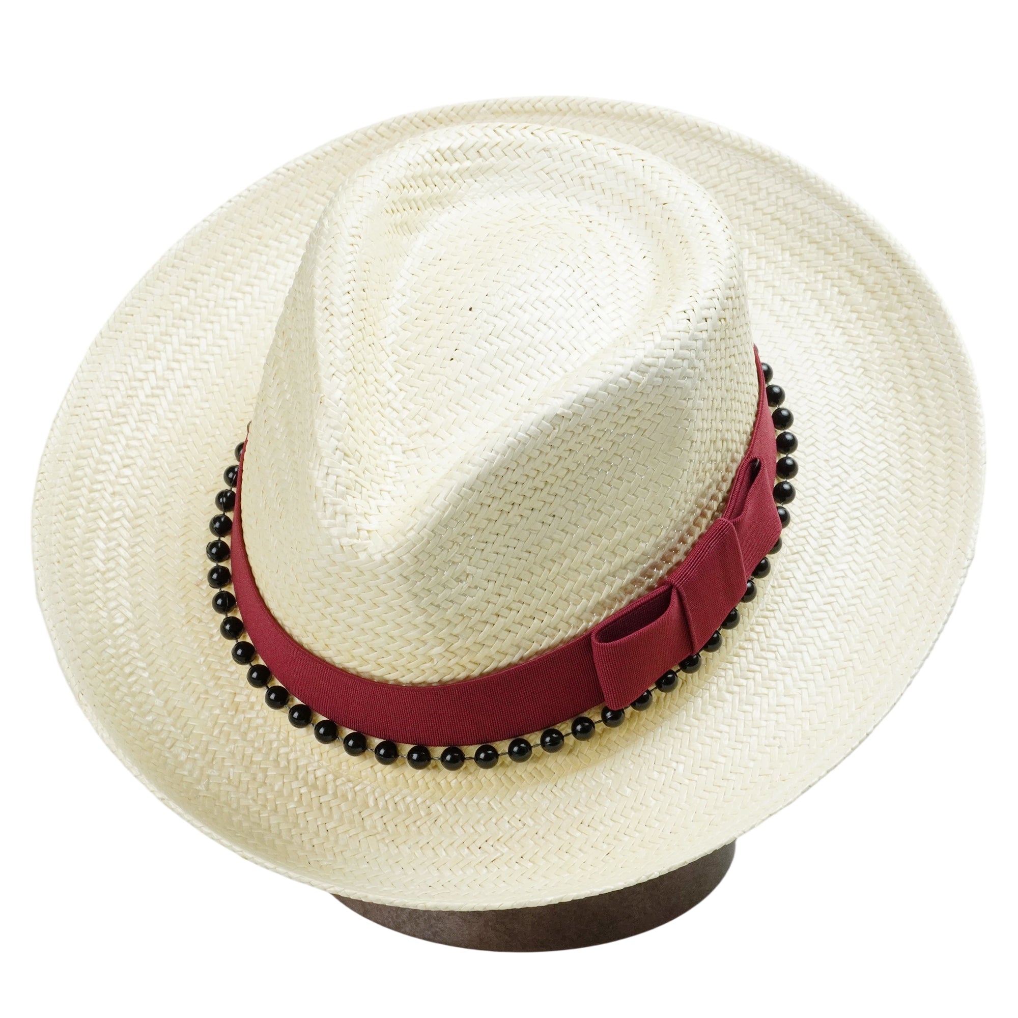 Beige Straw Hat with Dark Red Wide Band & Black Beads