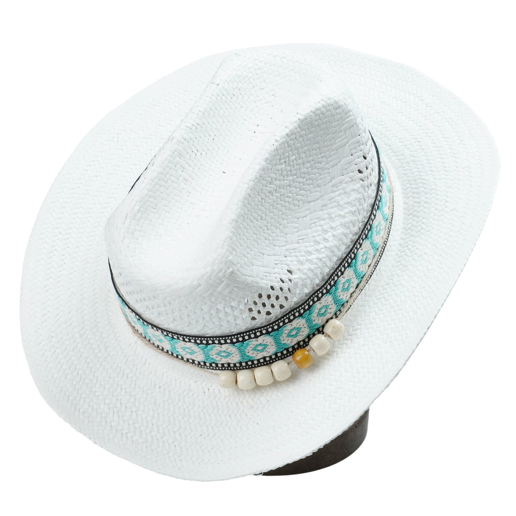 White Breathable Straw Fedora with Geometric Woven Band & Wooden Beads