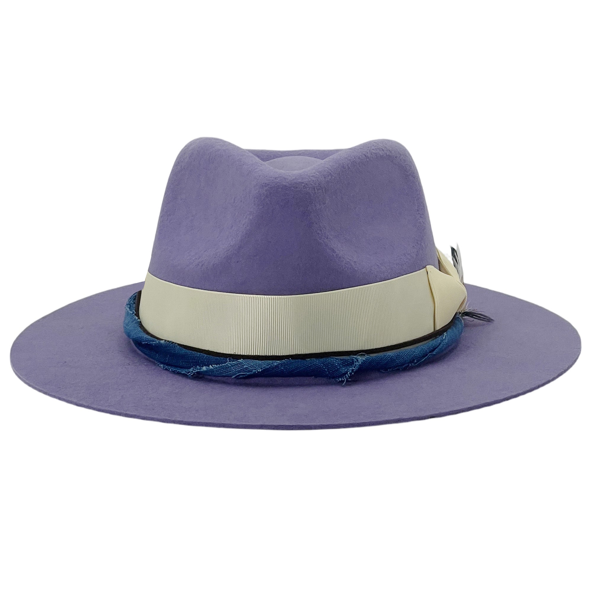 Violet Flat-Brim – White Bow, Blue & Feather