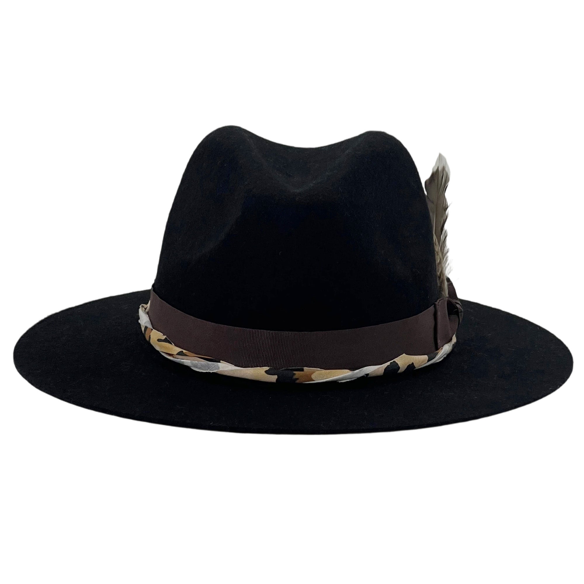 Modern Black Hat – Bold Print & Feather Detail