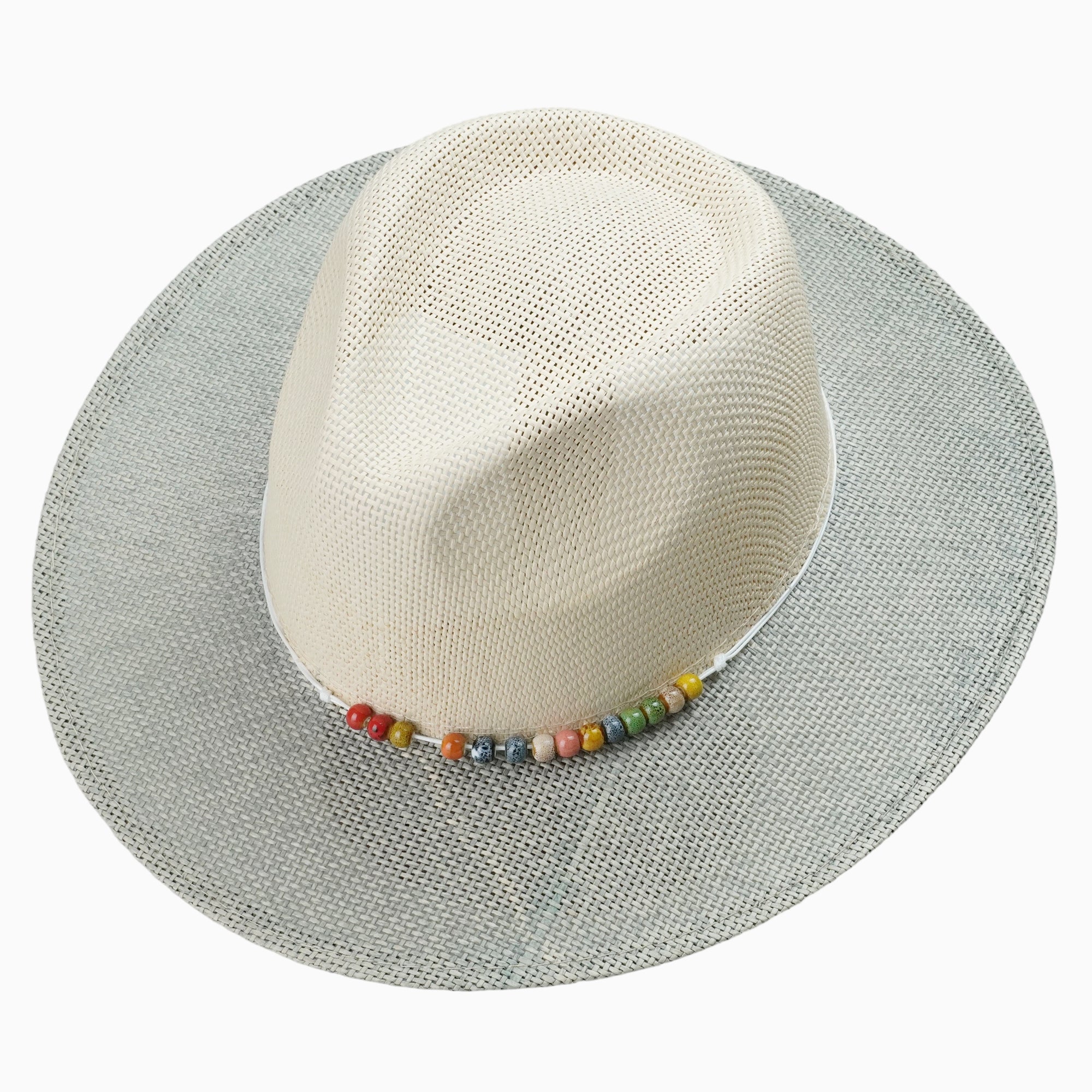 Two-Tone Beige & Grey Straw Hat with Colorful Bead Embellishment
