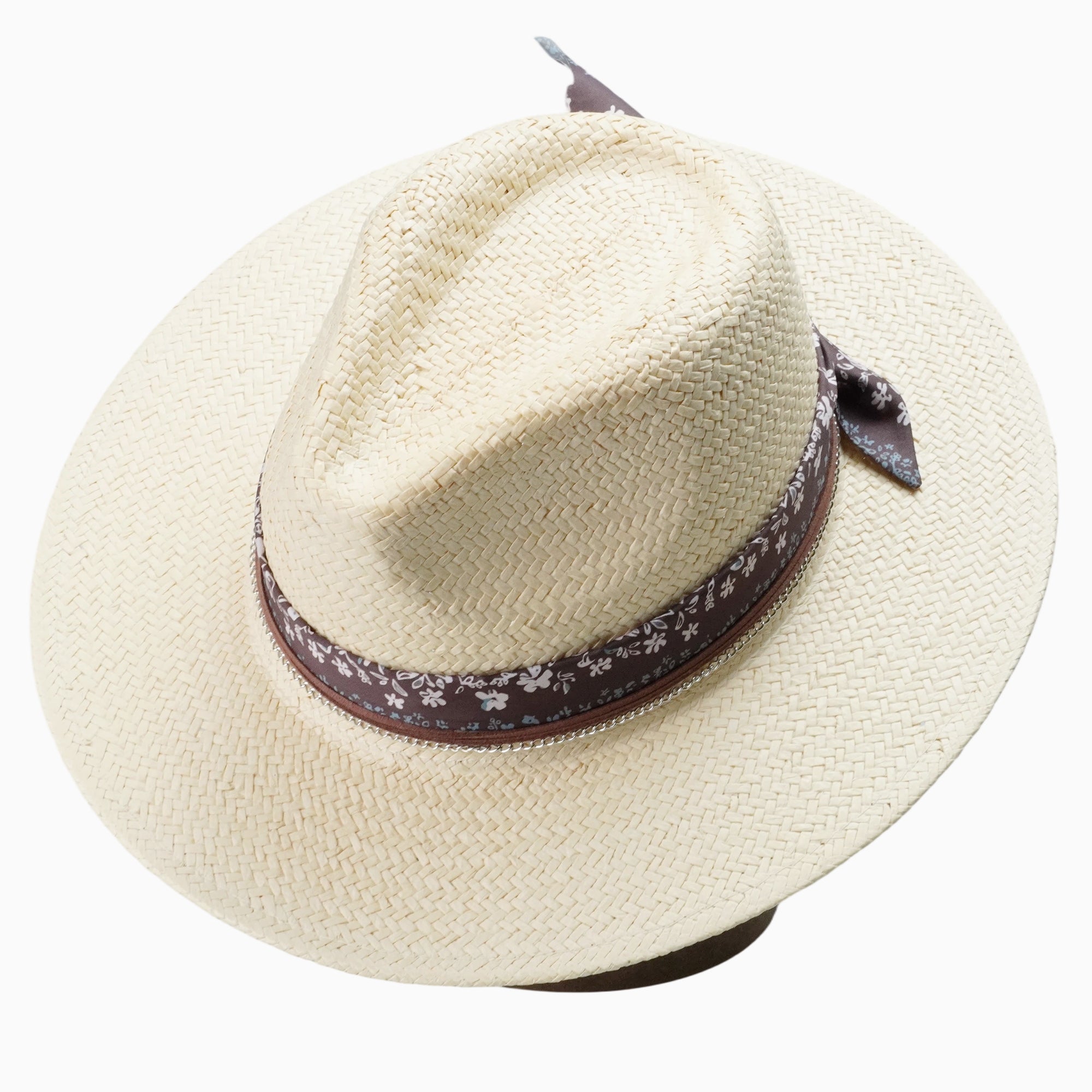 Breathable Straw Fedora with Floral Print Scarf & Chain Trim