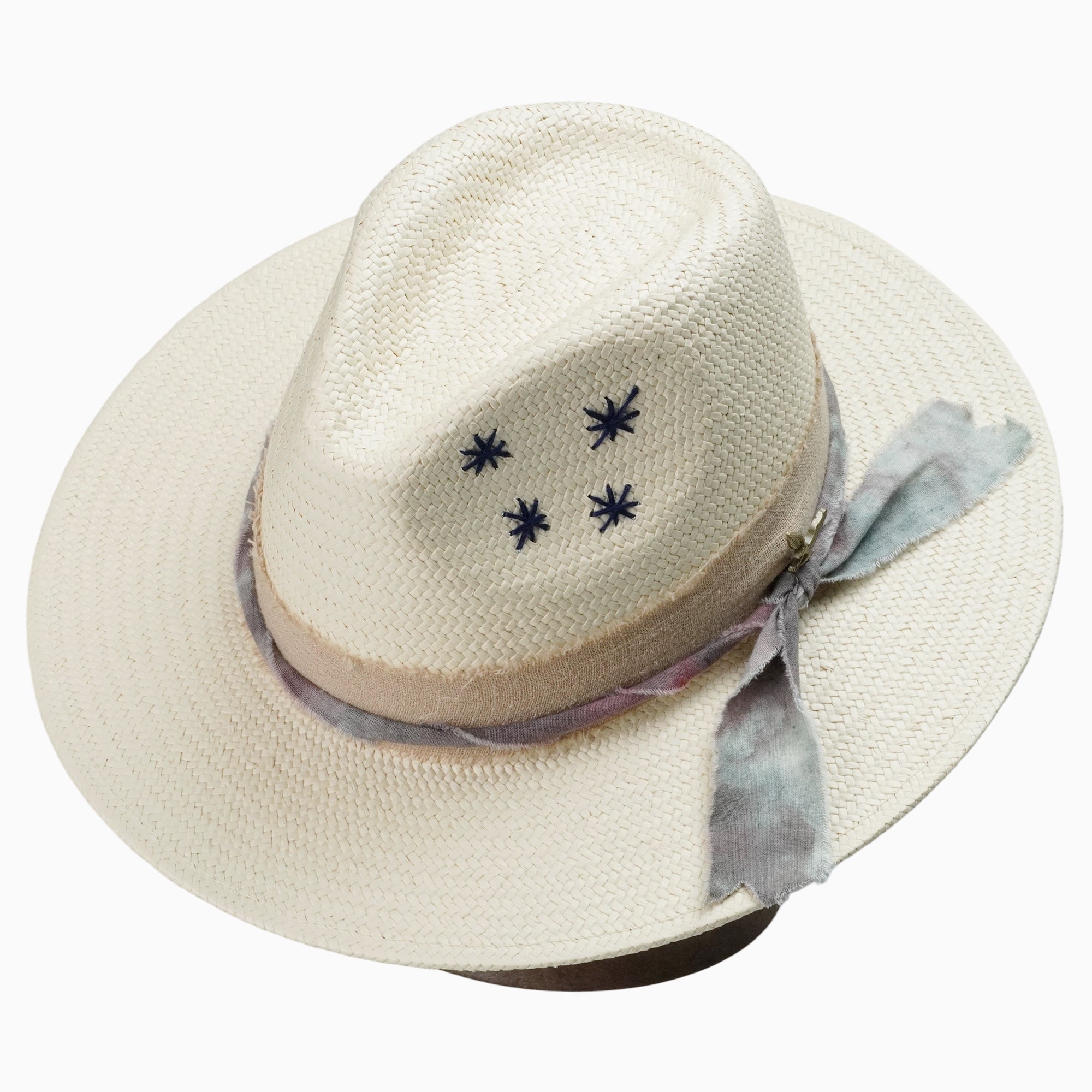 Beige Breathable Straw Fedora with Distressed Fabric & Eagle Charm Band