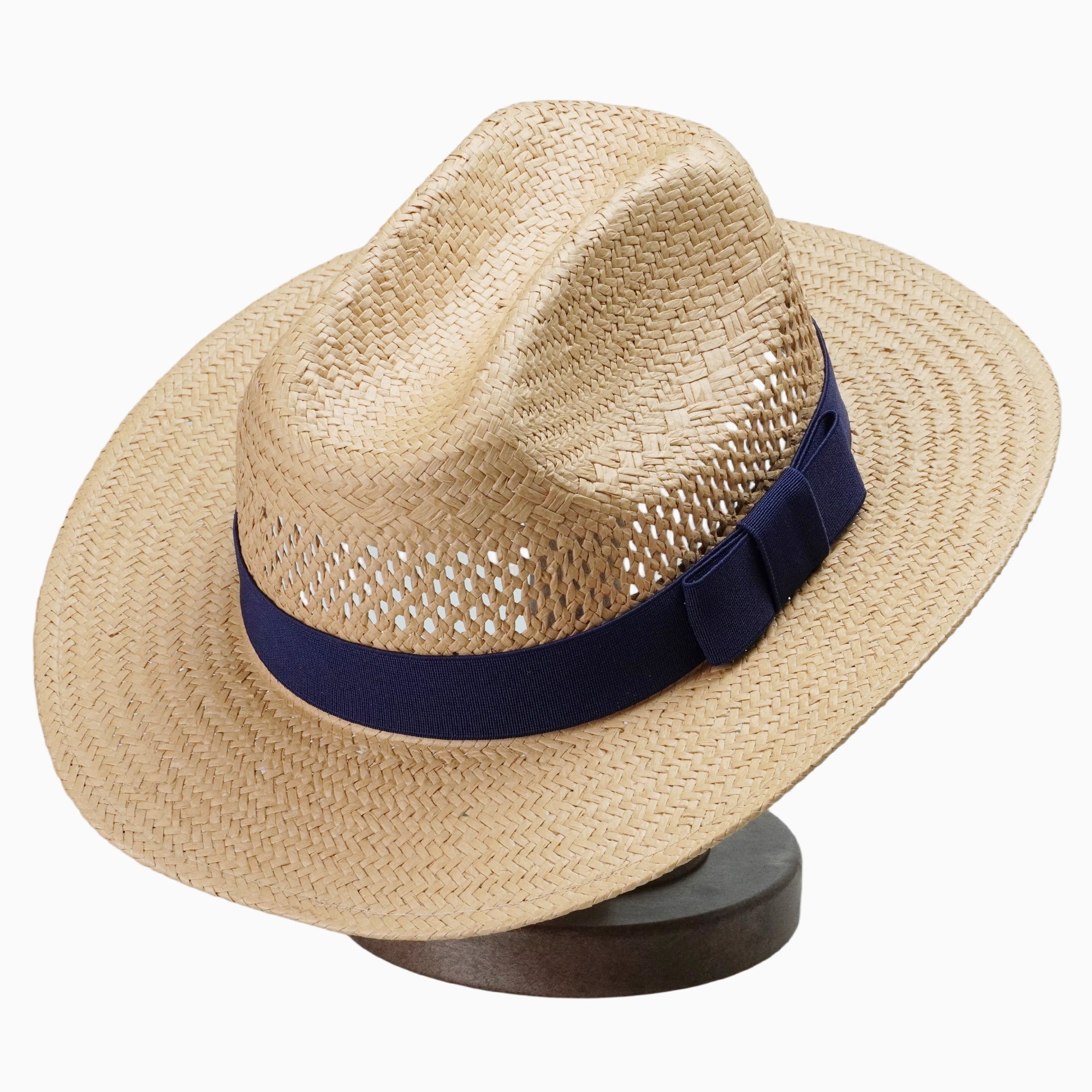 Light Brown Breathable Straw Fedora with Navy Ribbon Band & Bow