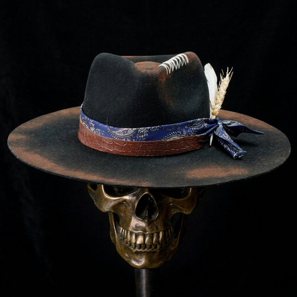 Hand-Burned Distressed Felt Hat – Croc-Texture Band, Feather Accent