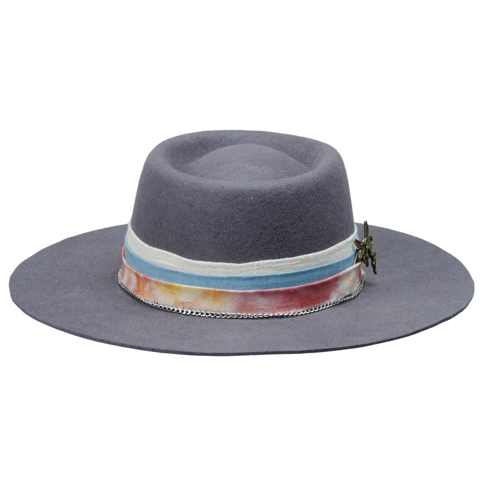Gray Flat Brim Felt Hat with Vintage Bronze Pin