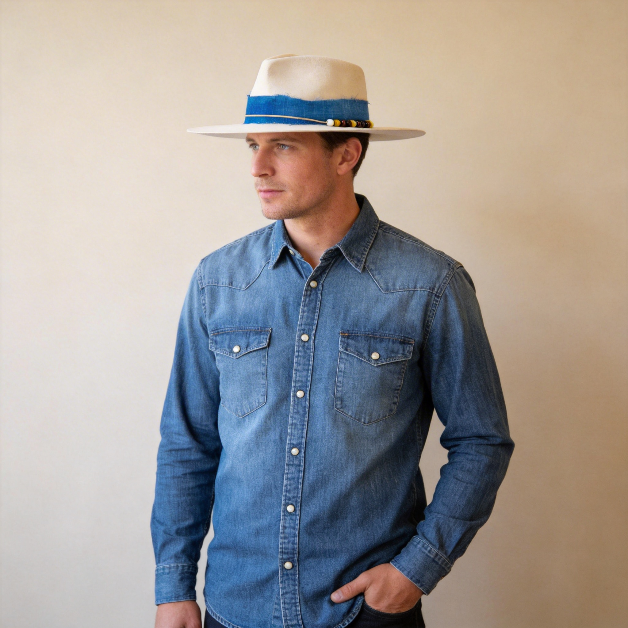 Premium Ivory Hat – Blue Fabric Band