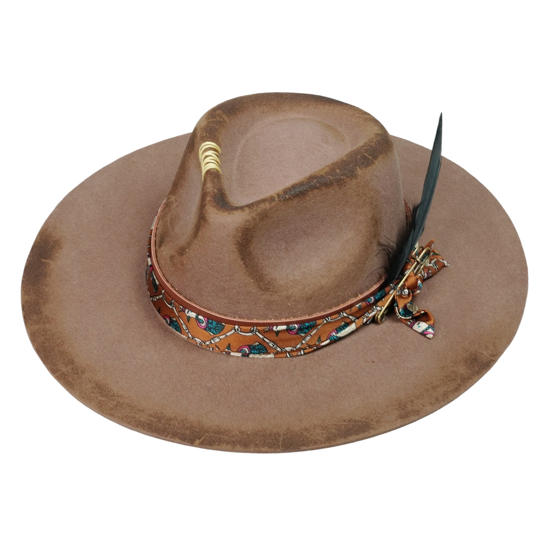 Hand-Burned Edgy Felt Hat – Neutral Tone, Feather Detail