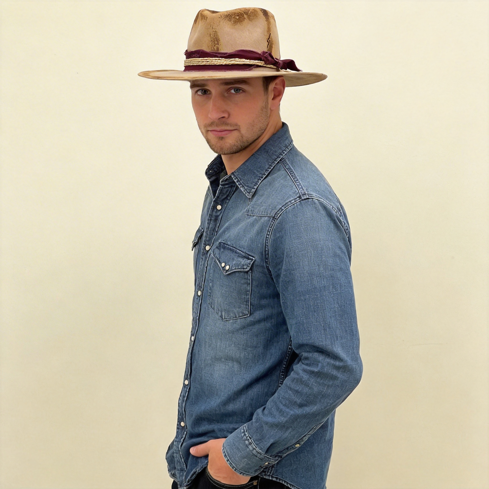 Flame-Finished Fedora – Burgundy & Hemp Accent