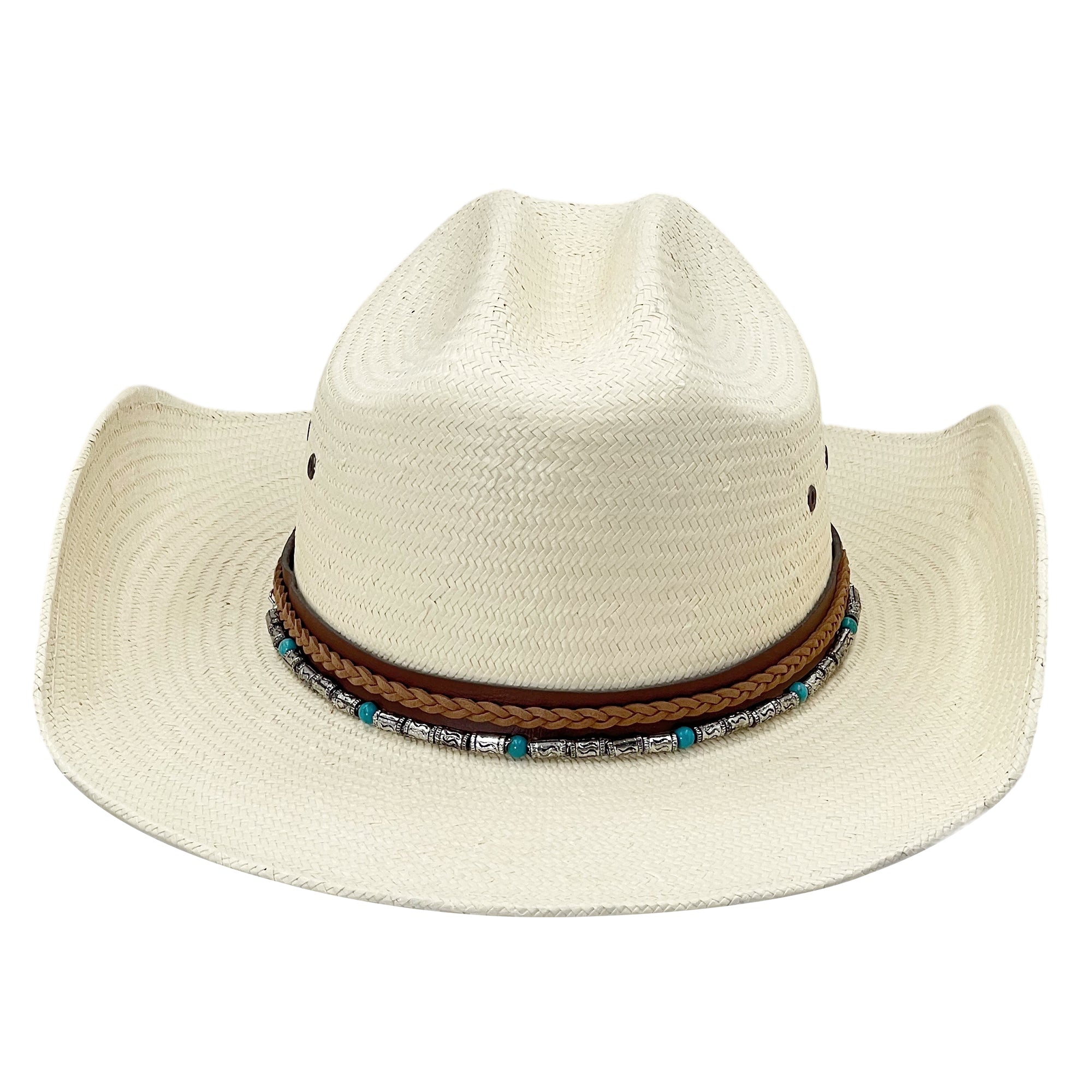 Wide Brim Straw Hat w/ Beaded Woven Band