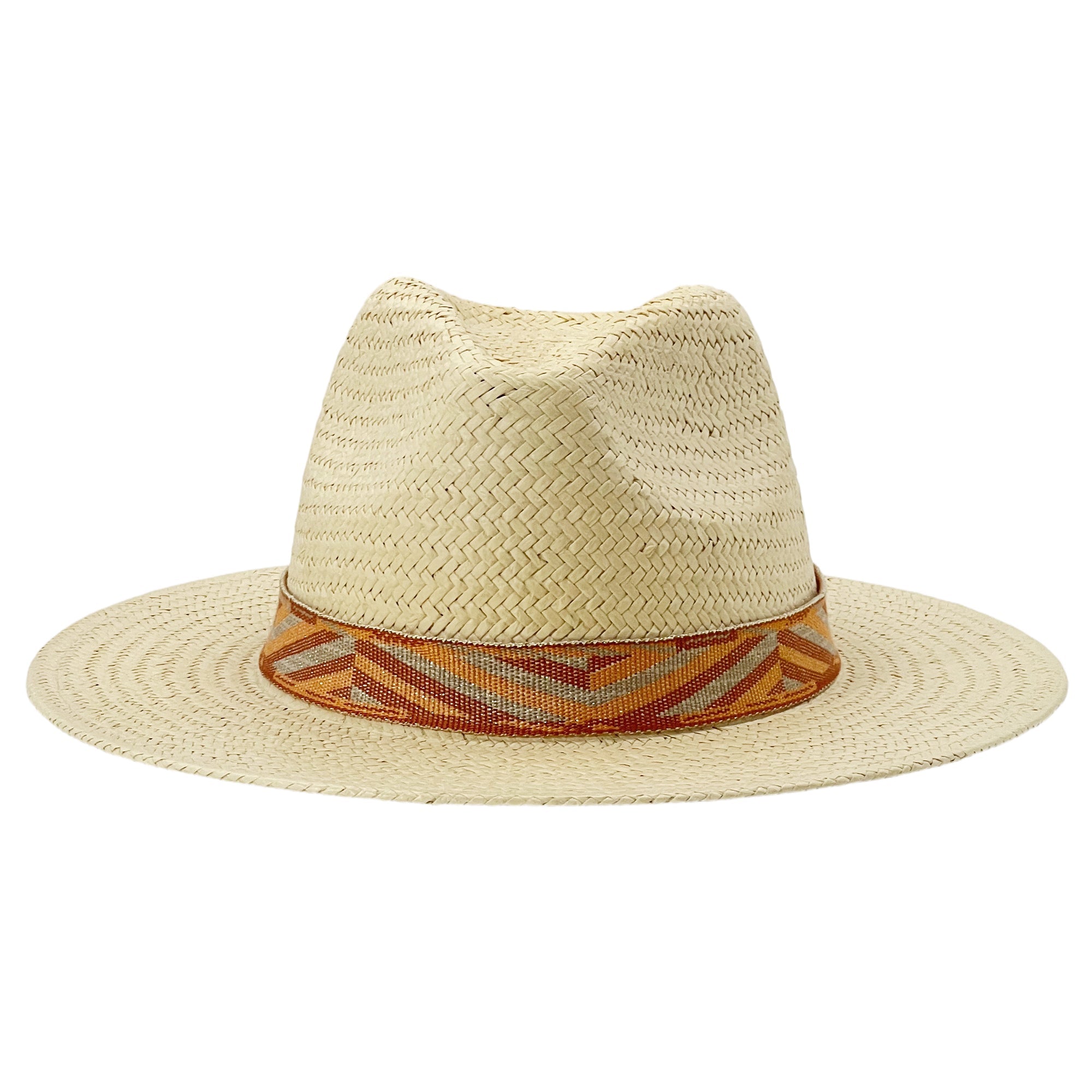 Beige Straw Hat – Woven Orange-Yellow Trim