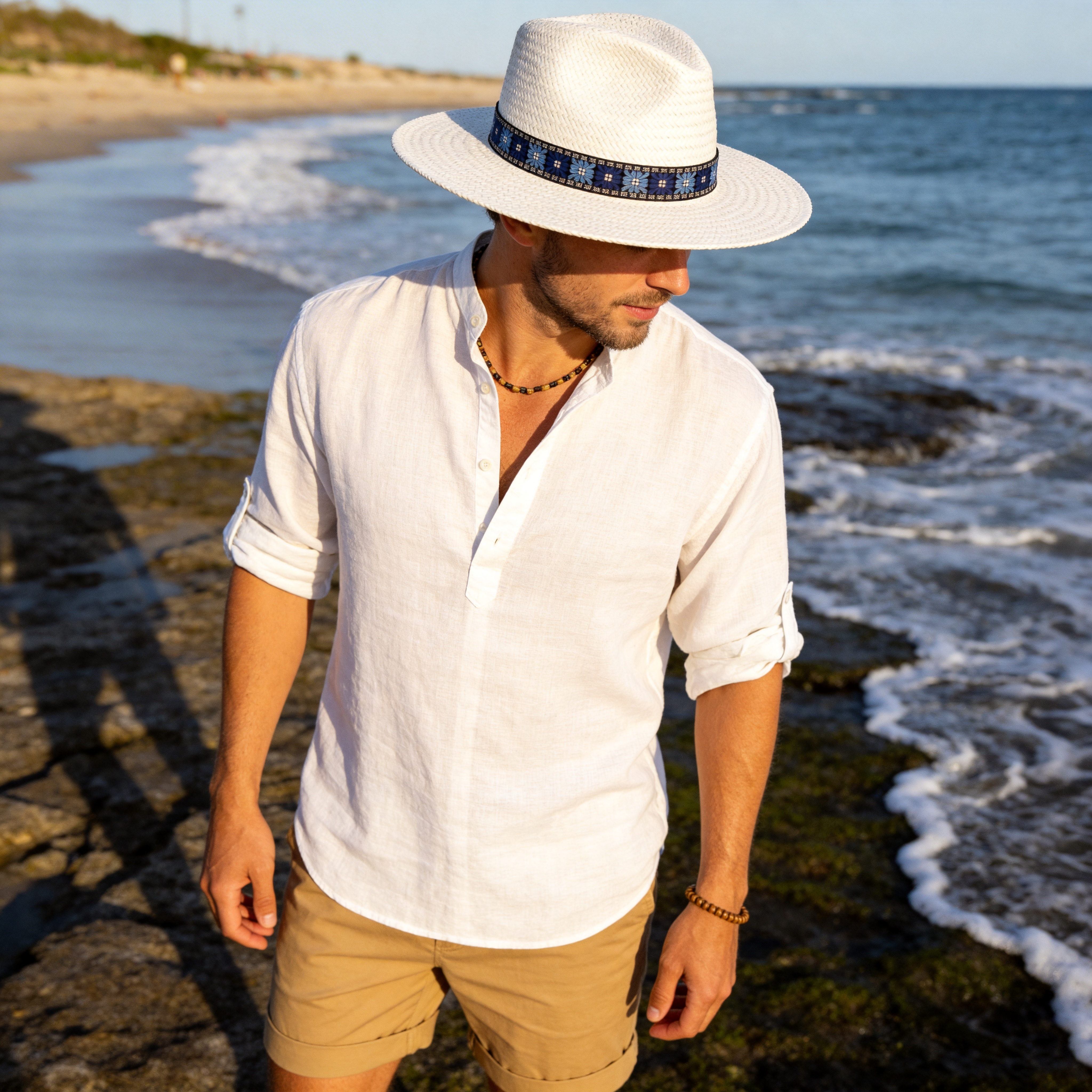Straw Hat with Patterned Fabric Band