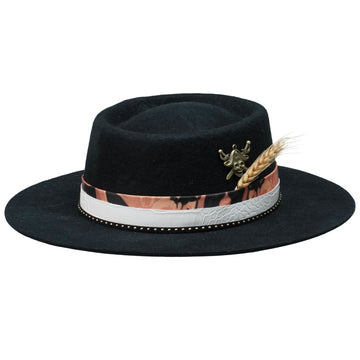 Rustic Black Hat: Wheat Design, Metal Trim