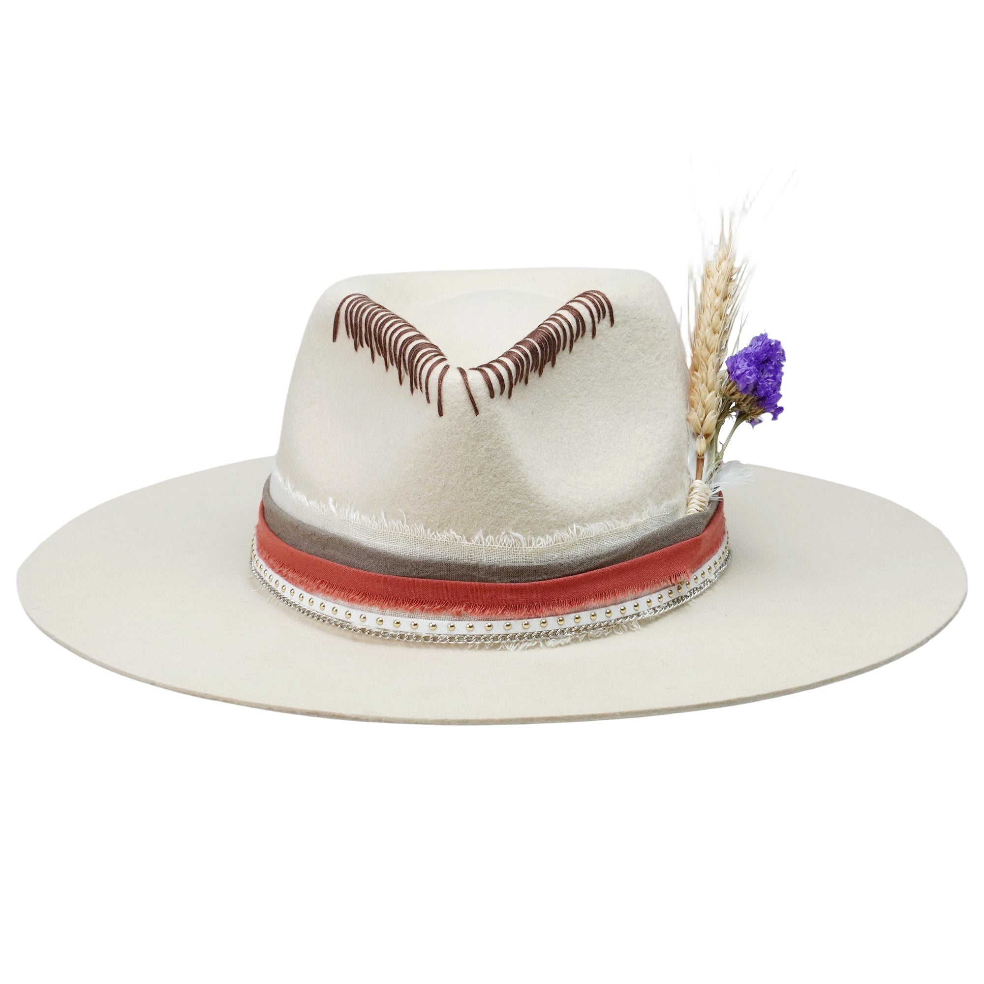 Classic Teardrop Crown Hat - Cream with Stitched Design