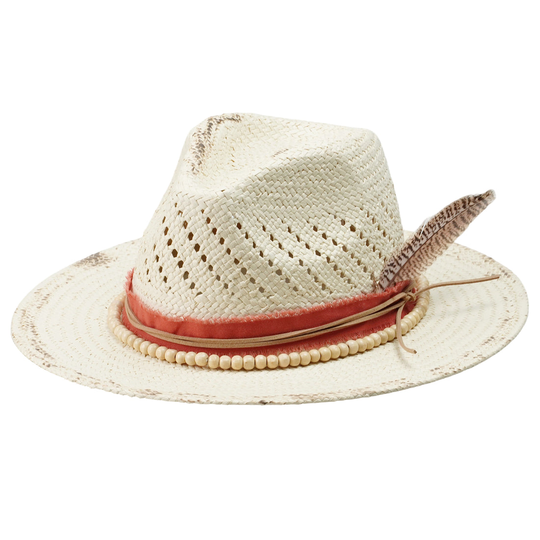 Distressed Straw Hat – Beaded Band, Feather Accent