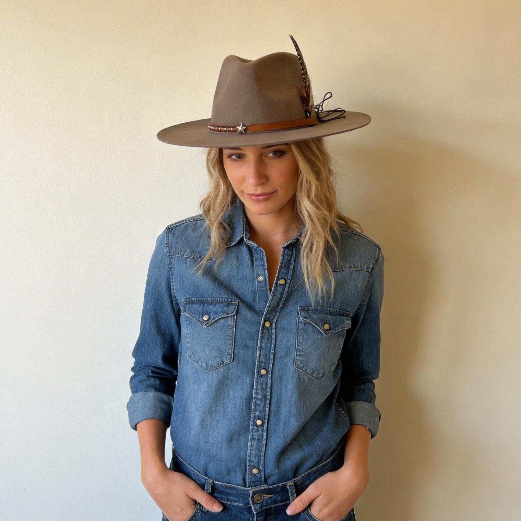 Earthy Gray Flat-Brim – Metal Clasp & Feather