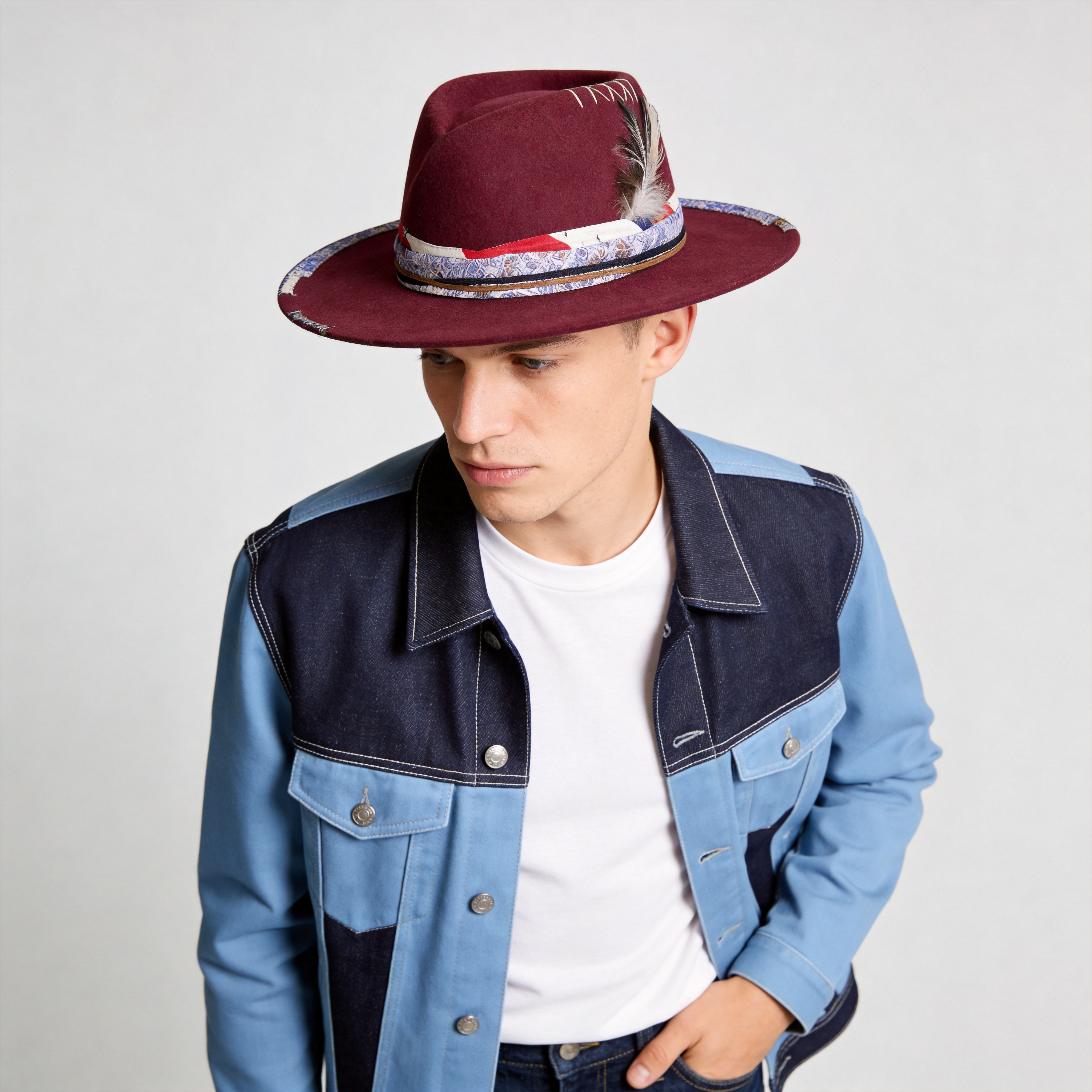 Artisan Burgundy Hat – Fabric & Feather