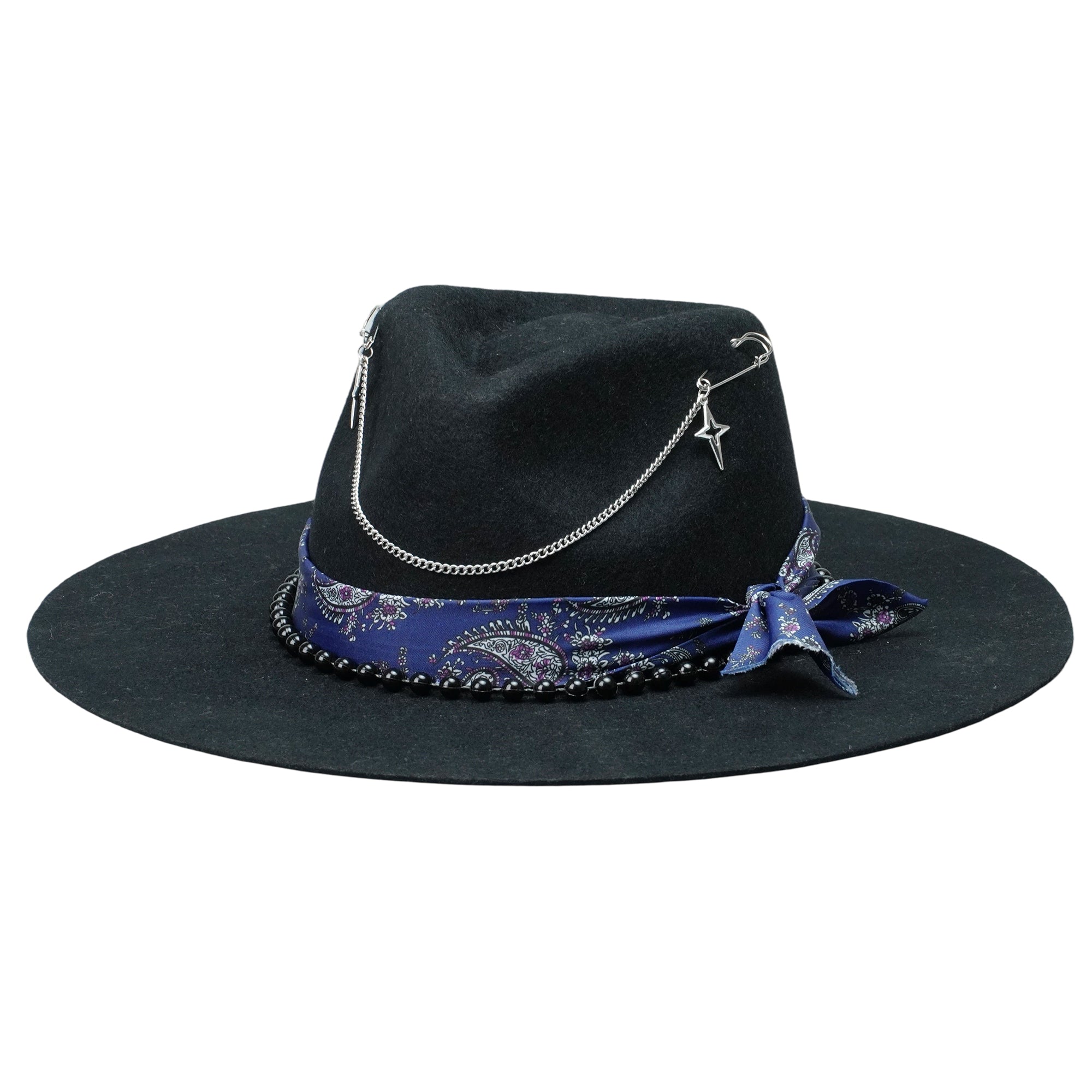 Edgy Black Hat: Beaded Band, Metal Chains, Pins