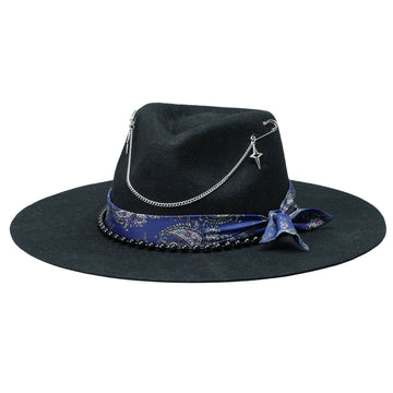 Edgy Black Hat: Beaded Band, Metal Chains, Pins