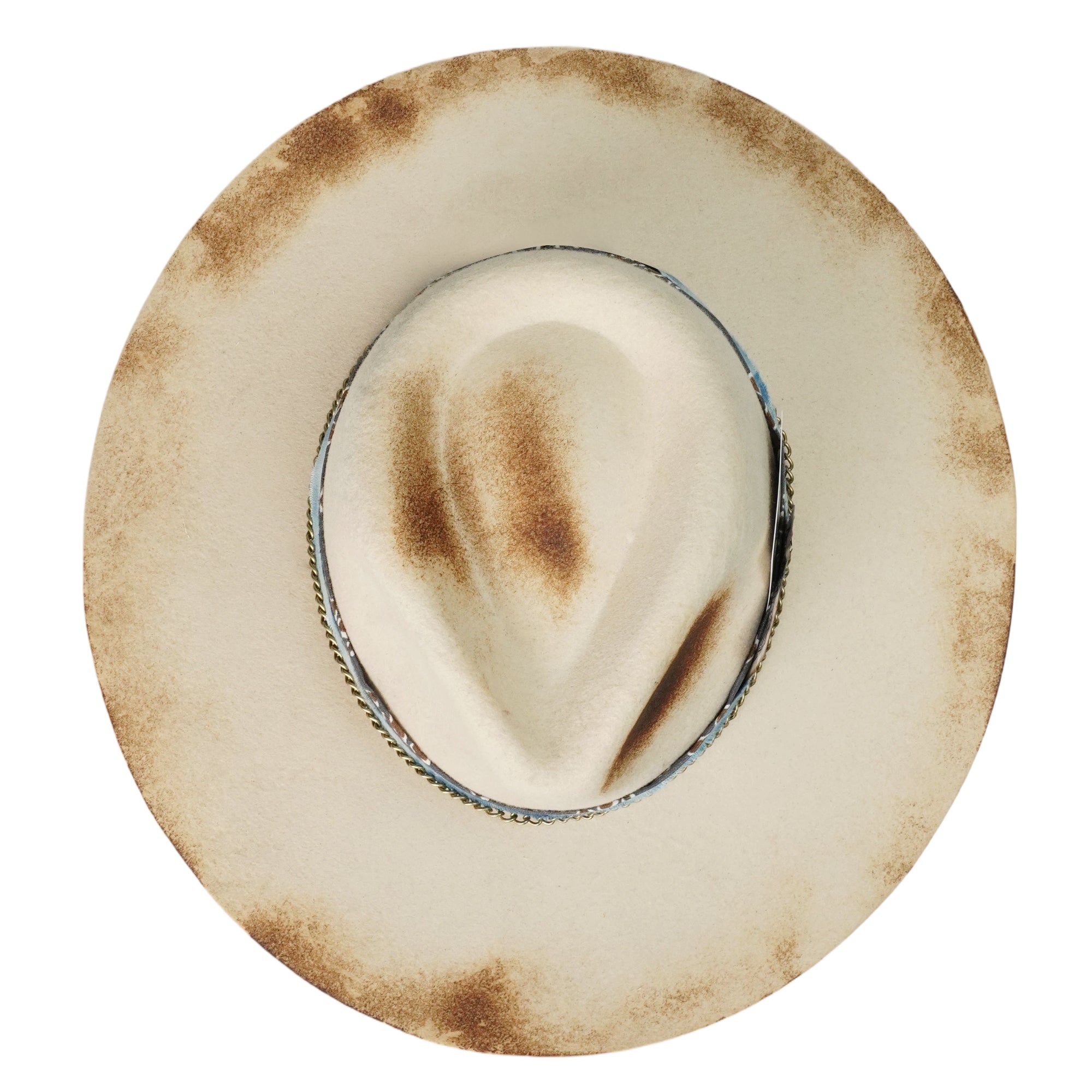 Hand-Burned Edgy Felt Hat – Metal Chain, Fire-Marked Brim