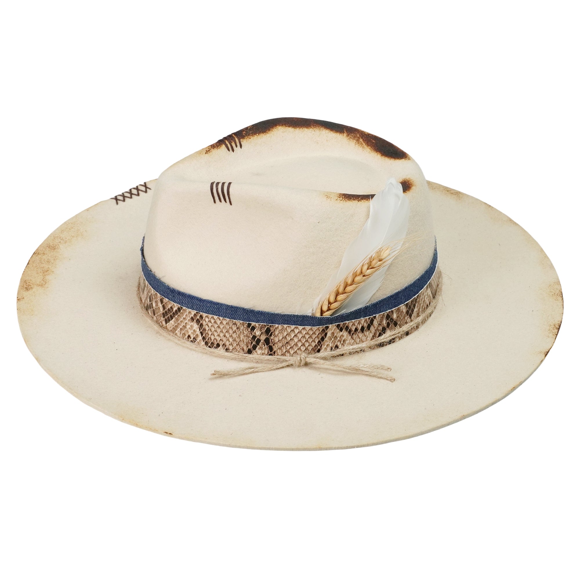Architectural Felt Hat – Charred Finish, Feathered Wheat