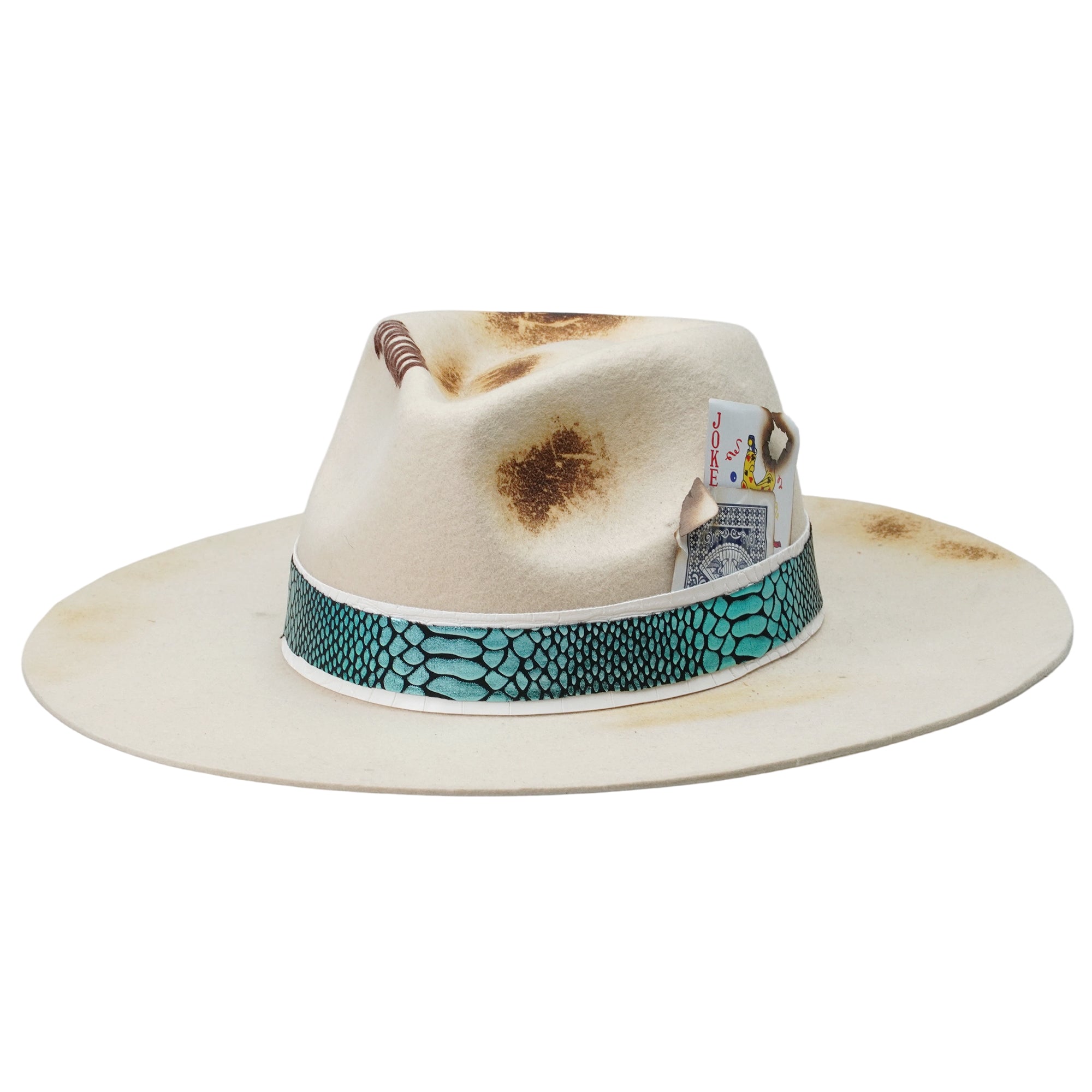Teardrop Felt Hat with Ornate Band & Charred Card