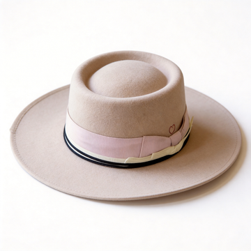 Beige Gambler Hat – Pink Bow & White Band