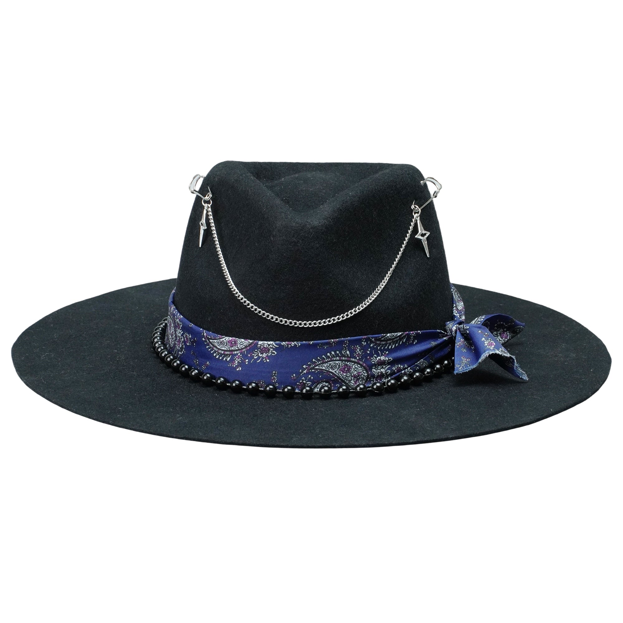 Edgy Black Hat: Beaded Band, Metal Chains, Pins