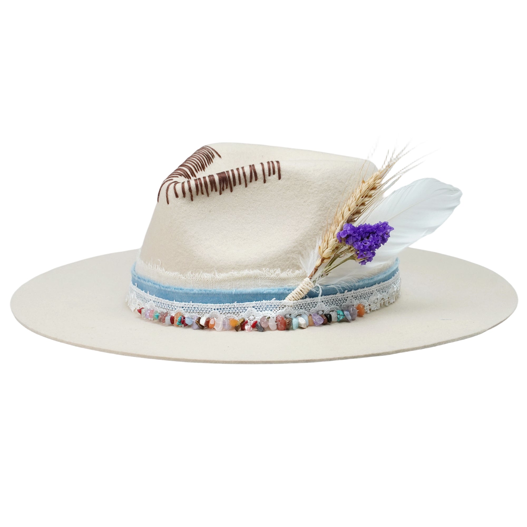 Cream Felt Fedora with Colorful Stones & Dried Flowers